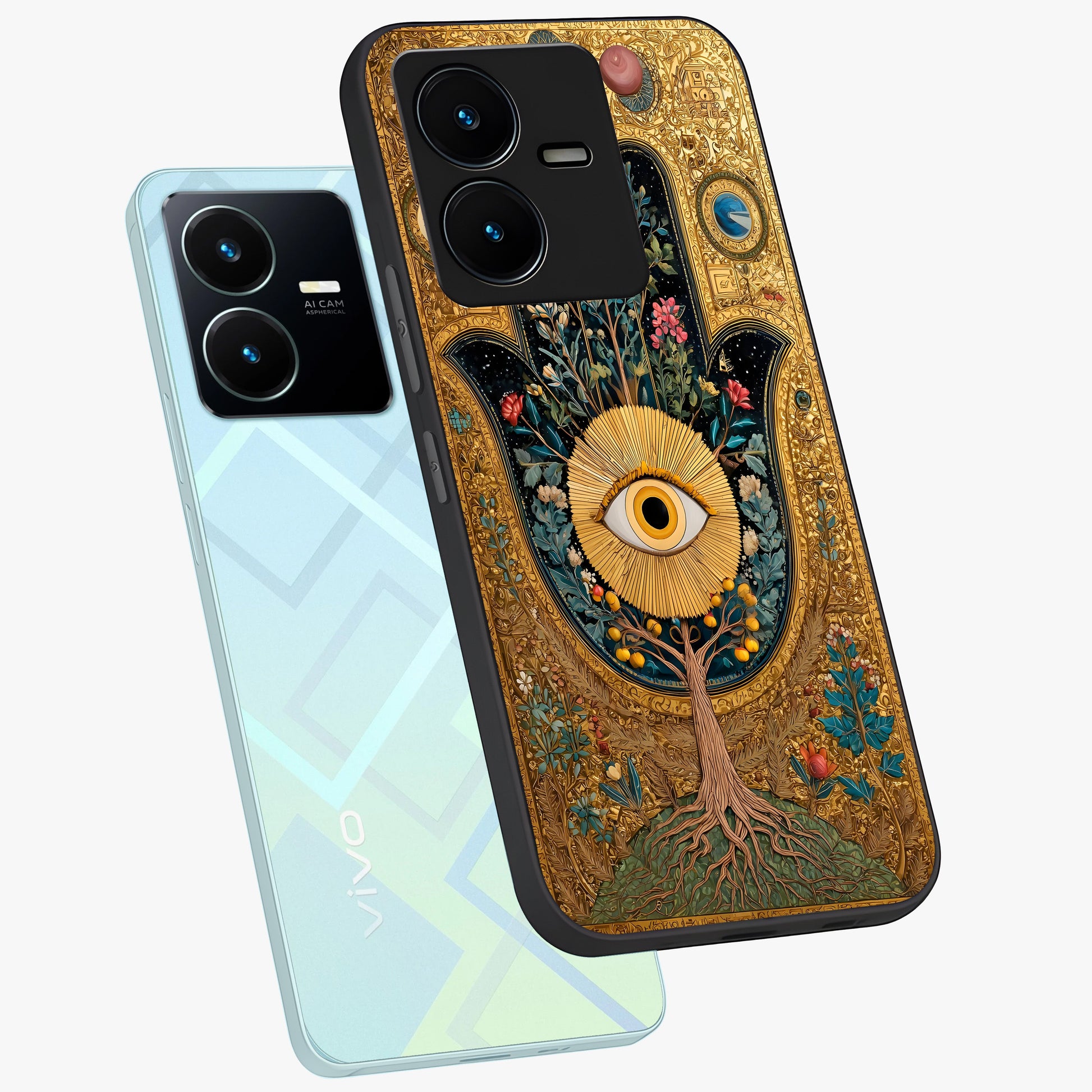 Ethereal Evil Eye Glass Case displayed in angled mockup highlighting protective evil eye symbol with spiritual aesthetic design.