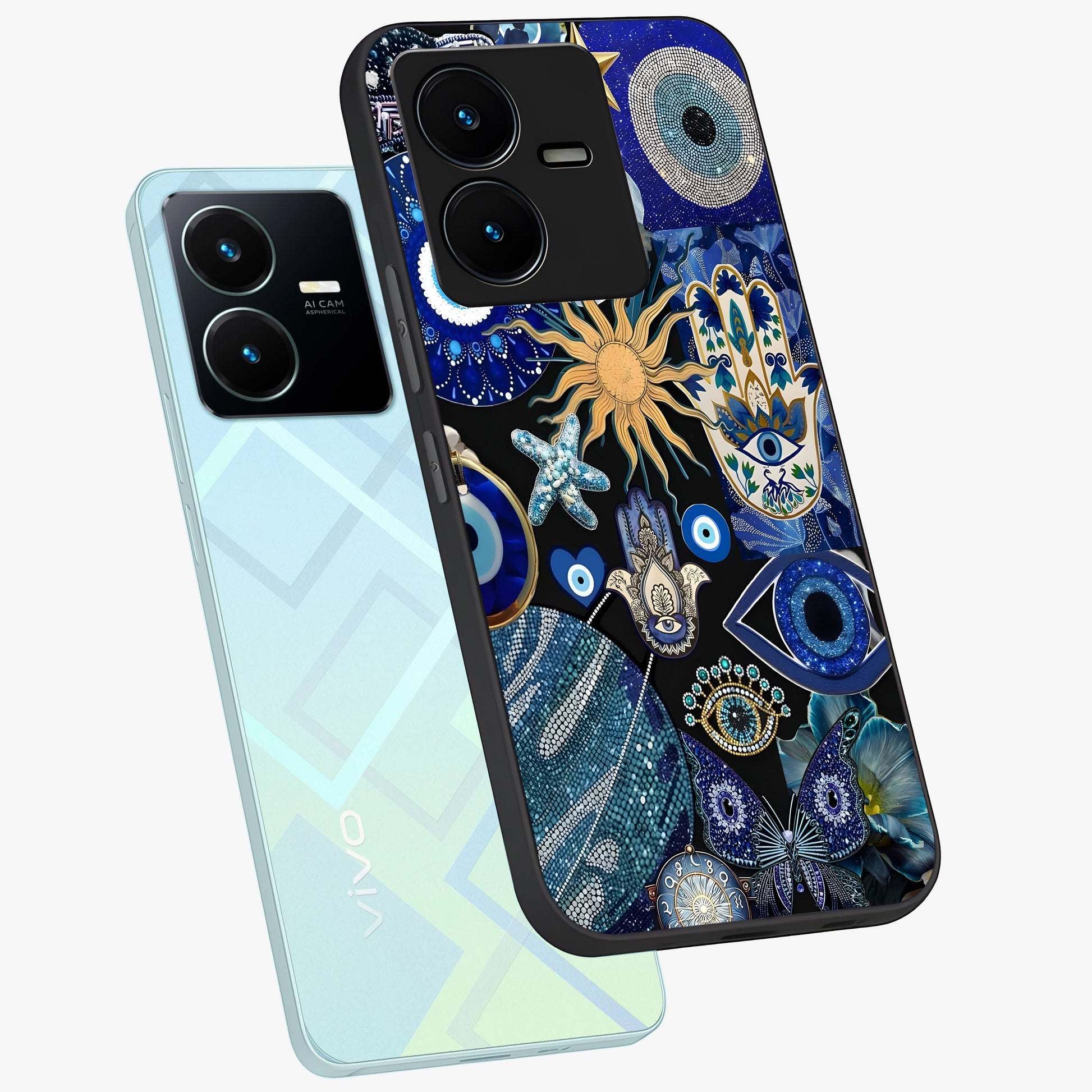 Evil Eye Charm Mix Glass Case displayed in angled mockup highlighting protective evil eye symbols with spiritual aesthetic design.