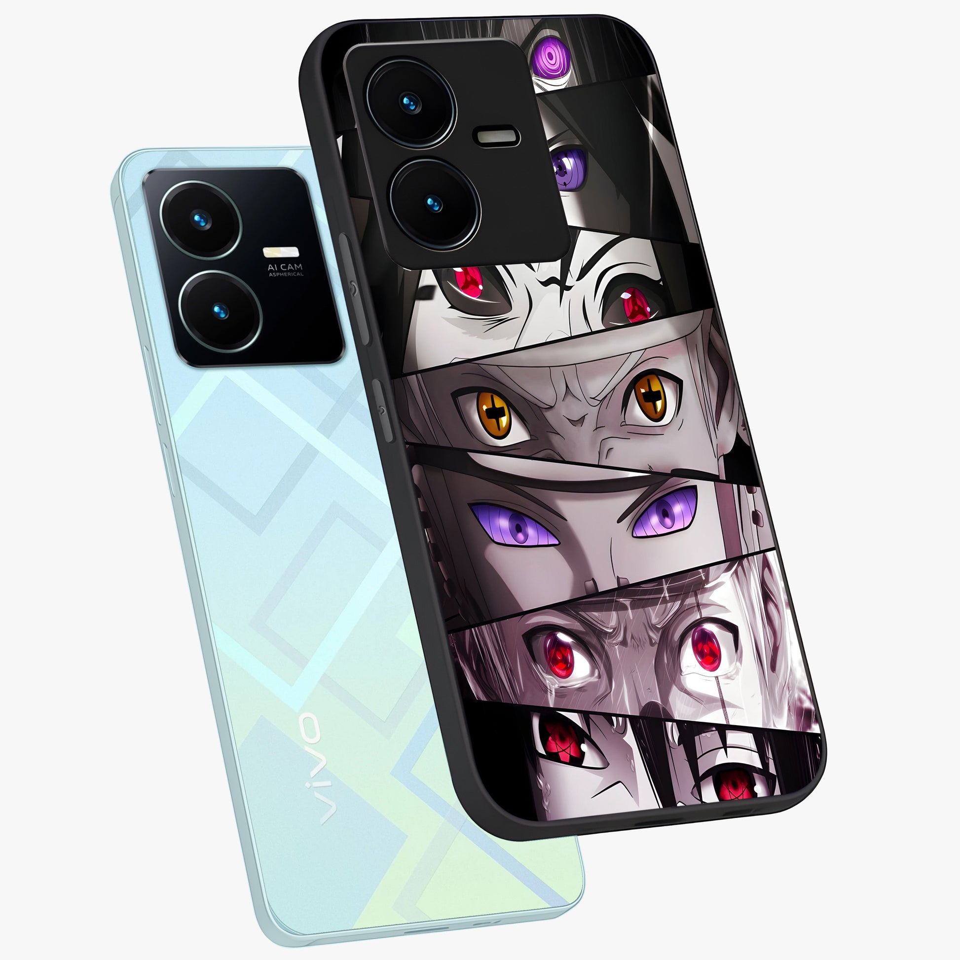 Eyes of Destiny Glass Case displayed in angled mockup highlighting bold eye illustration with mystical aesthetic style.