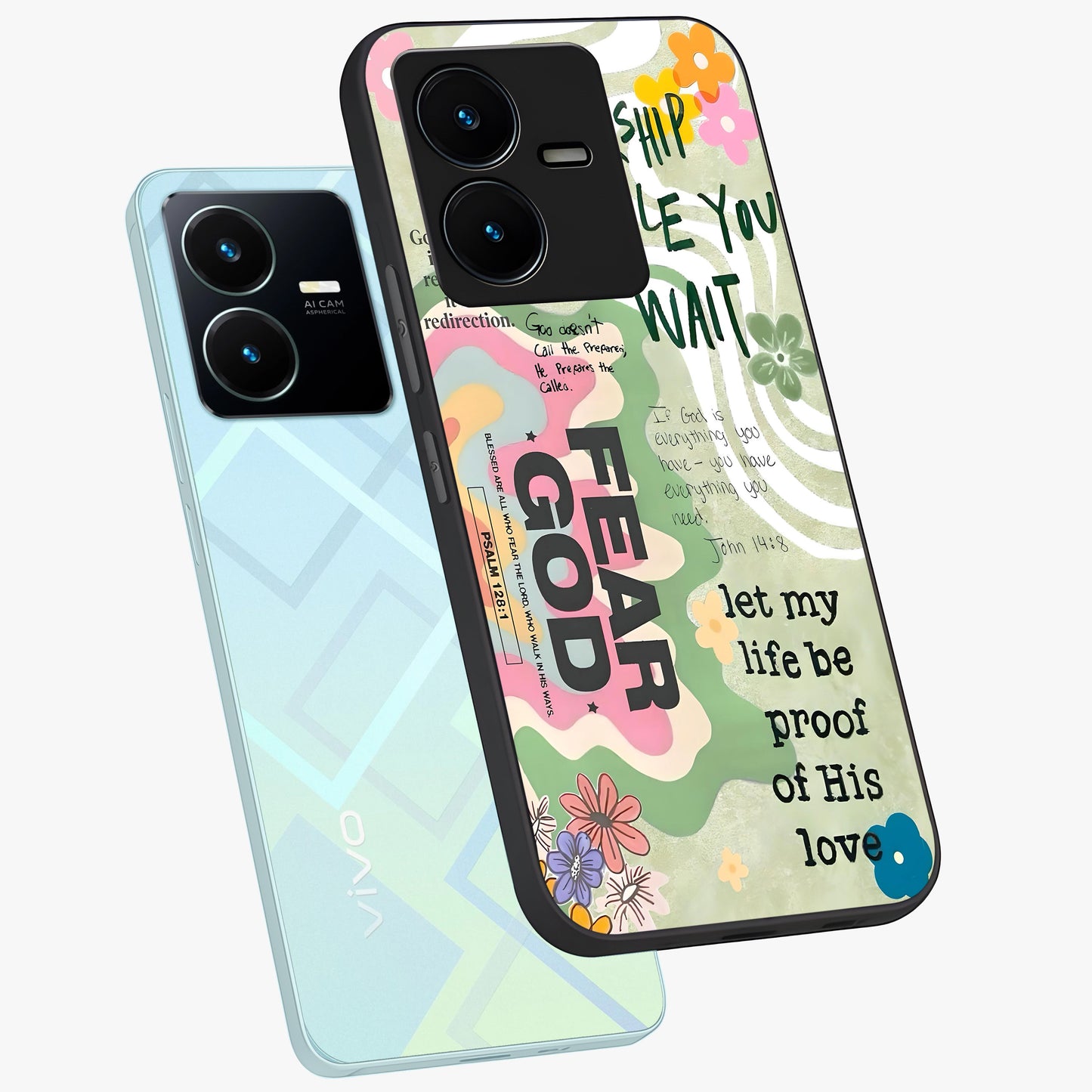 Faith Over Fear Glass Case displayed in angled mockup highlighting inspirational message design with modern aesthetic style.