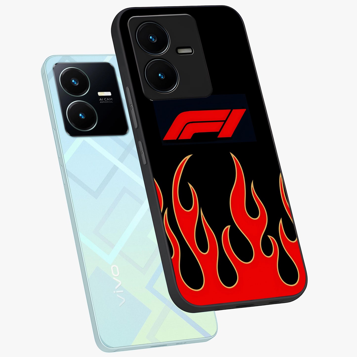Fire F11 Glass Case displayed in angled mockup highlighting bold fire inspired graphic with energetic aesthetic style.
