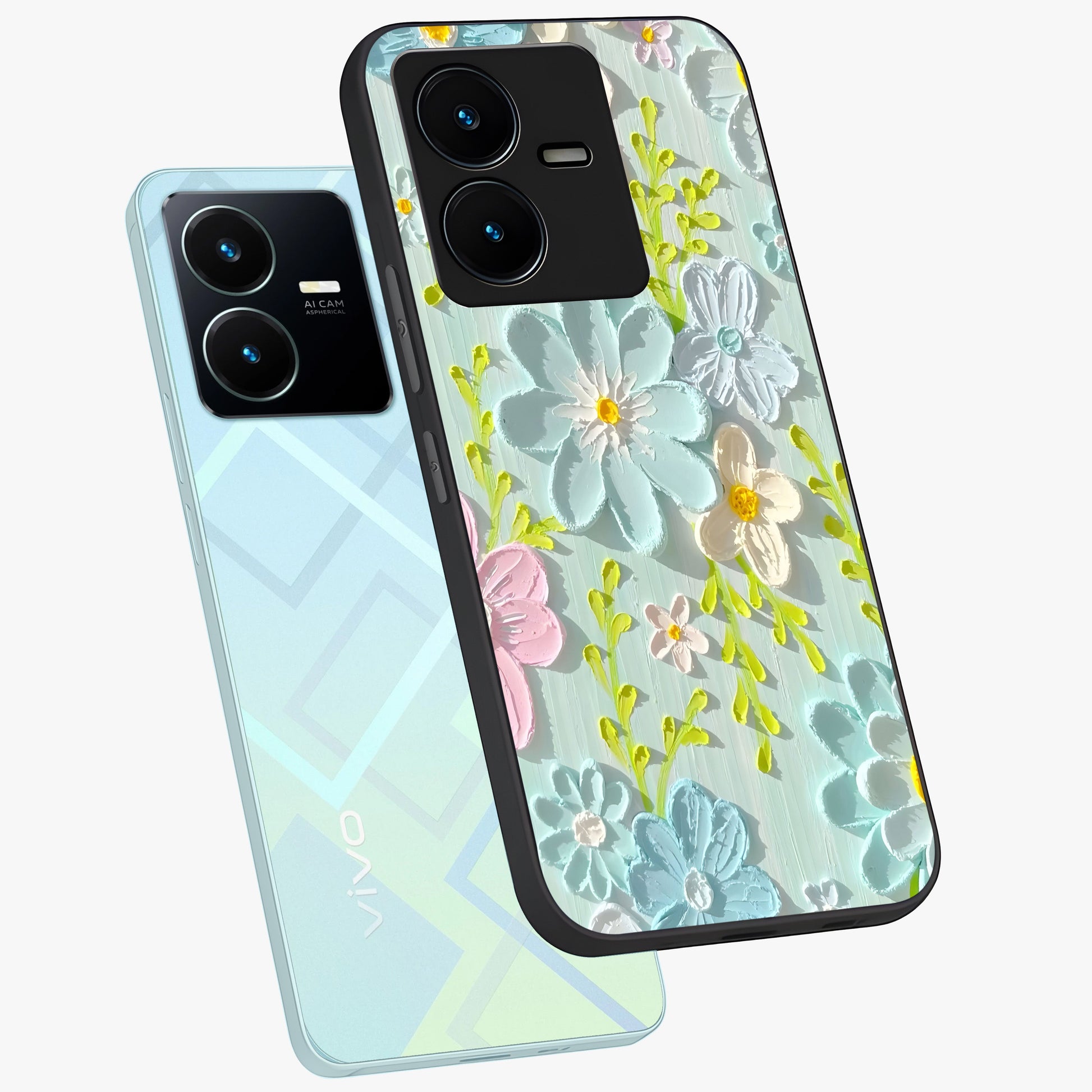 Frosted Petal Garden Glass Case displayed in angled mockup highlighting delicate flower petal design with calm garden aesthetic.