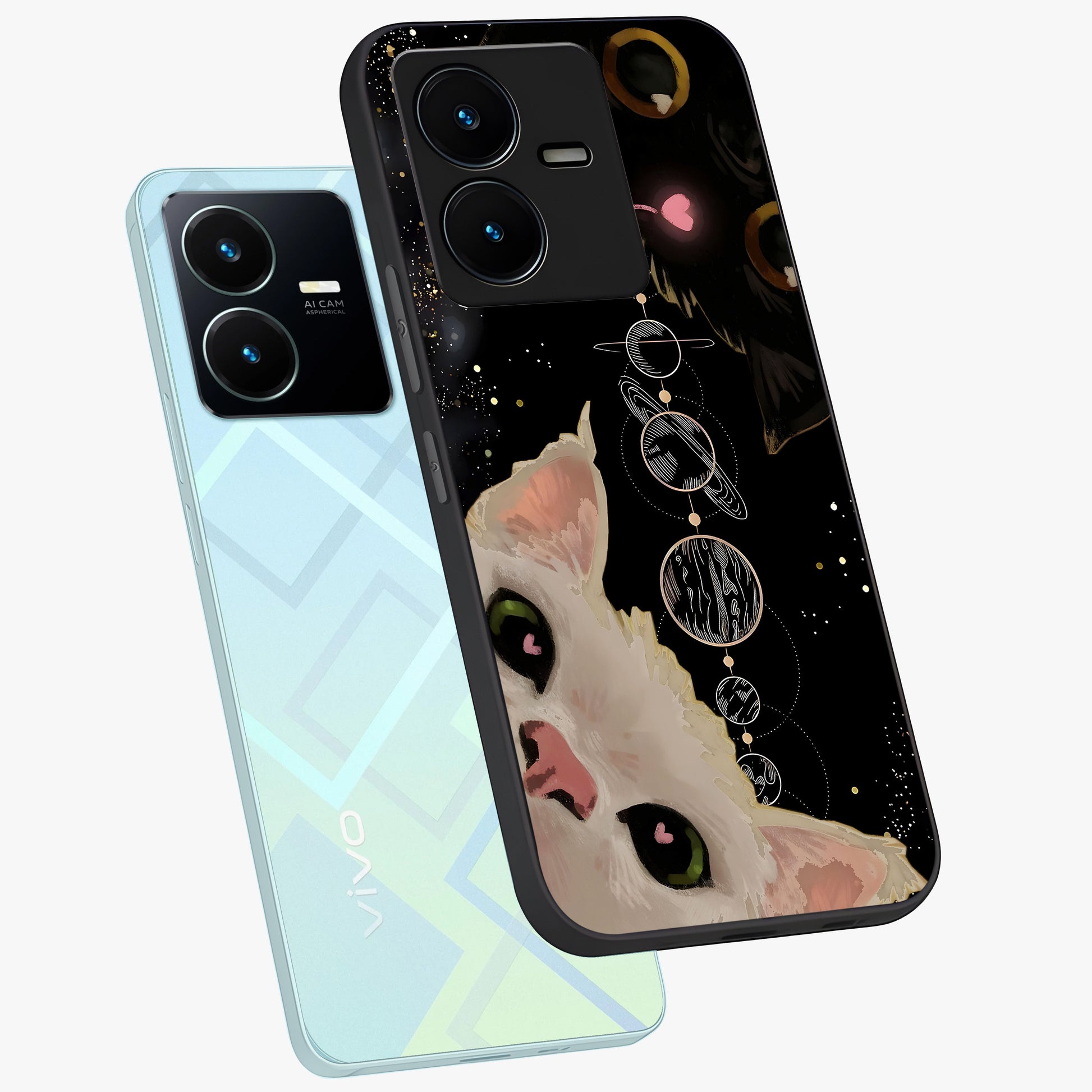 Galactic Cat Glass Case displayed in angled mockup highlighting celestial feline illustration with galaxy aesthetic style.