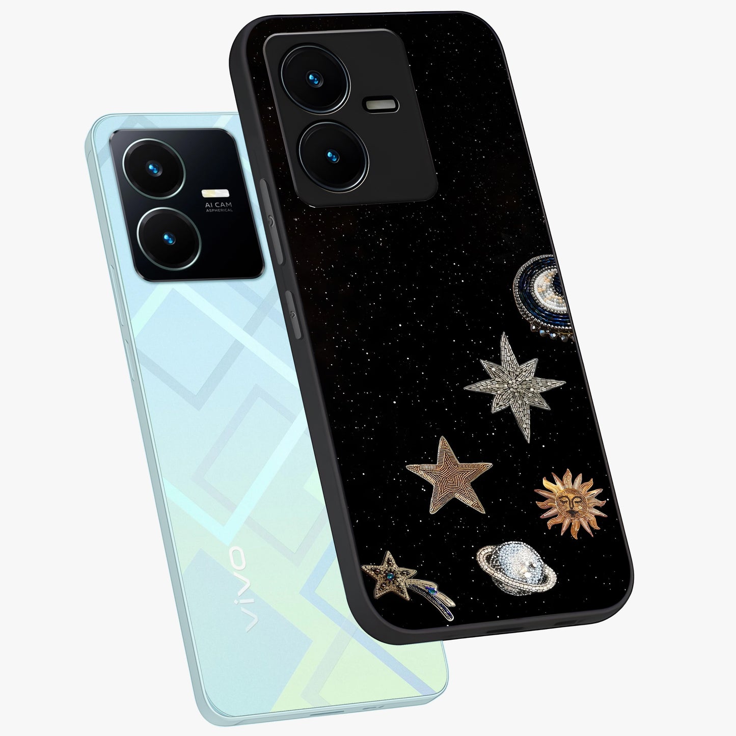 Galactic Charm Glow Glass Case displayed in angled mockup highlighting luminous galaxy inspired design with dreamy aesthetic.