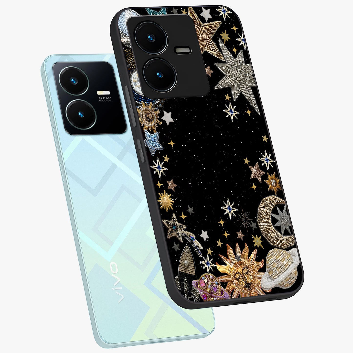 Galactic Jewel Stars Glass Case displayed in angled mockup highlighting shining celestial star design with cosmic aesthetic style.
