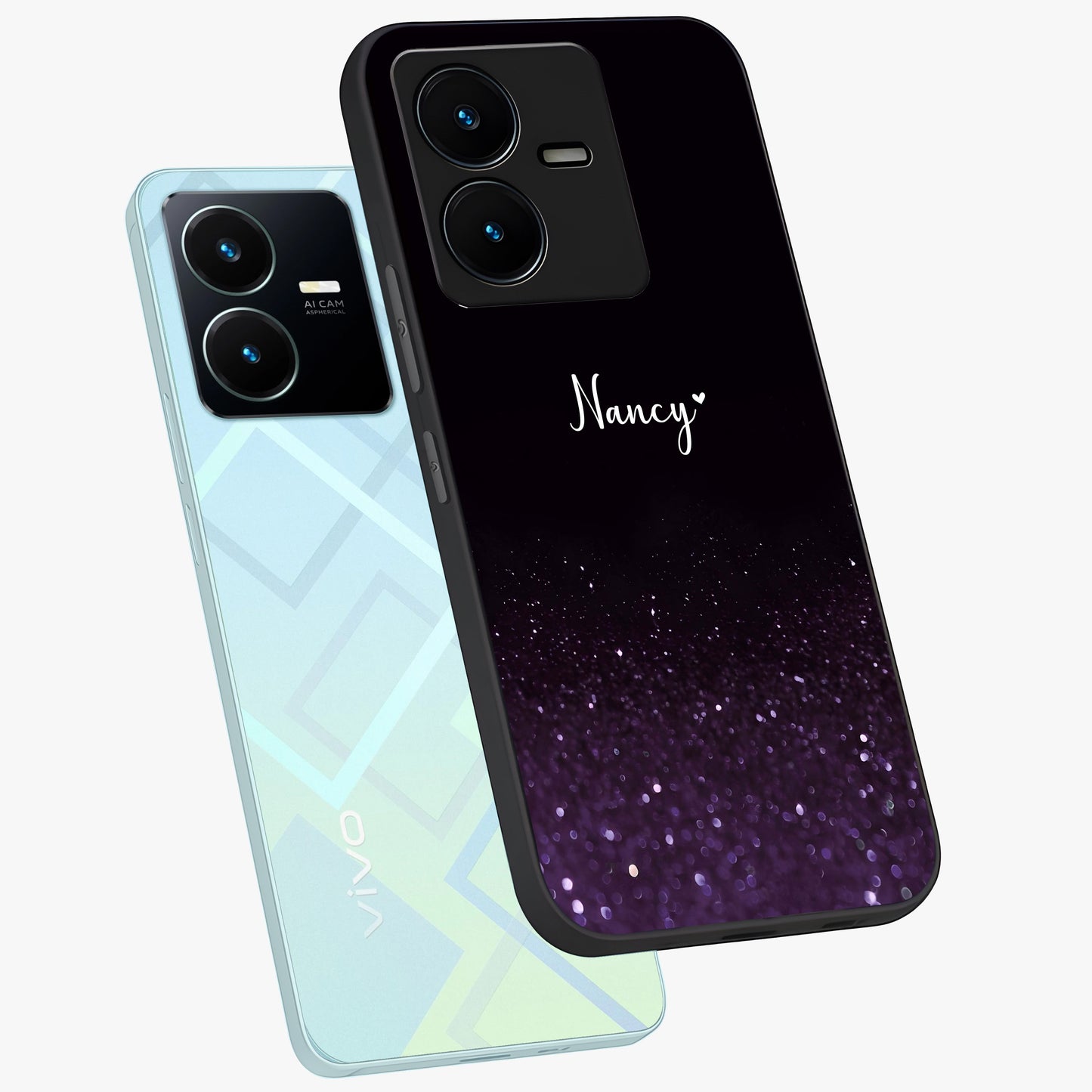 Glittery Purple Bokeh Custom Name Glass Case displayed in angled mockup highlighting glitter bokeh pattern with custom name feature.