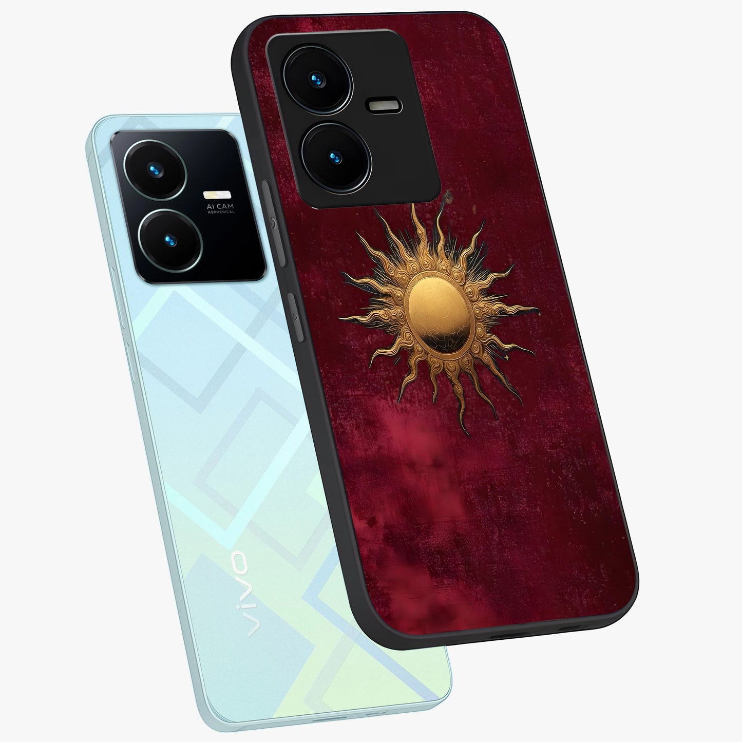 Golden Sun Minimalism Glass Case displayed in angled mockup highlighting clean sun symbol design with modern minimal aesthetic.