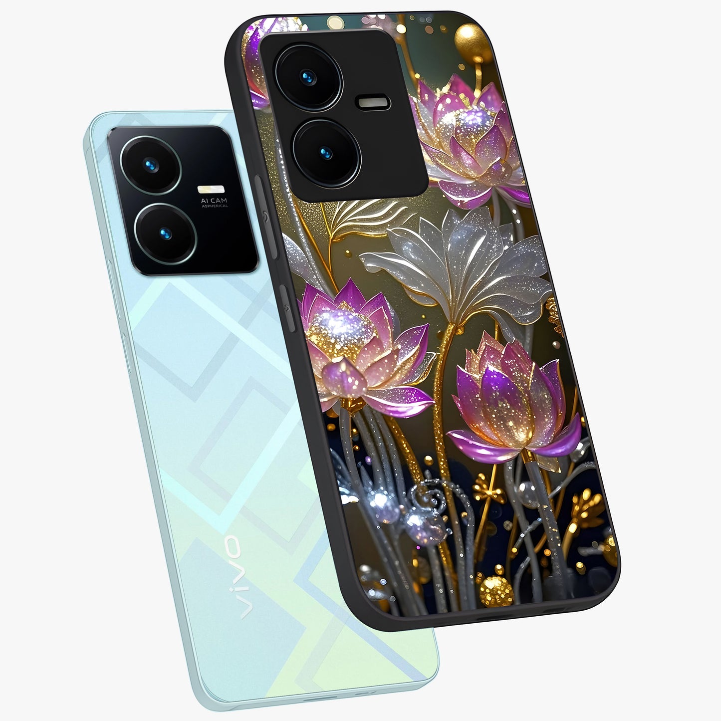 Golden Floral Majesty Glass Case displayed in angled mockup highlighting elegant flower design with royal golden aesthetic.