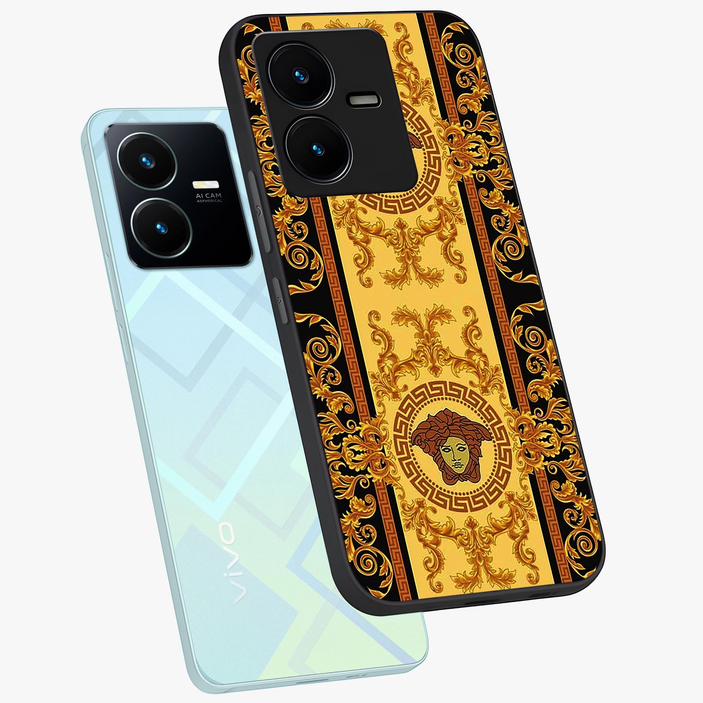 Golden Lotus Glow Glass Case displayed in angled mockup highlighting radiant lotus illustration with spiritual aesthetic.