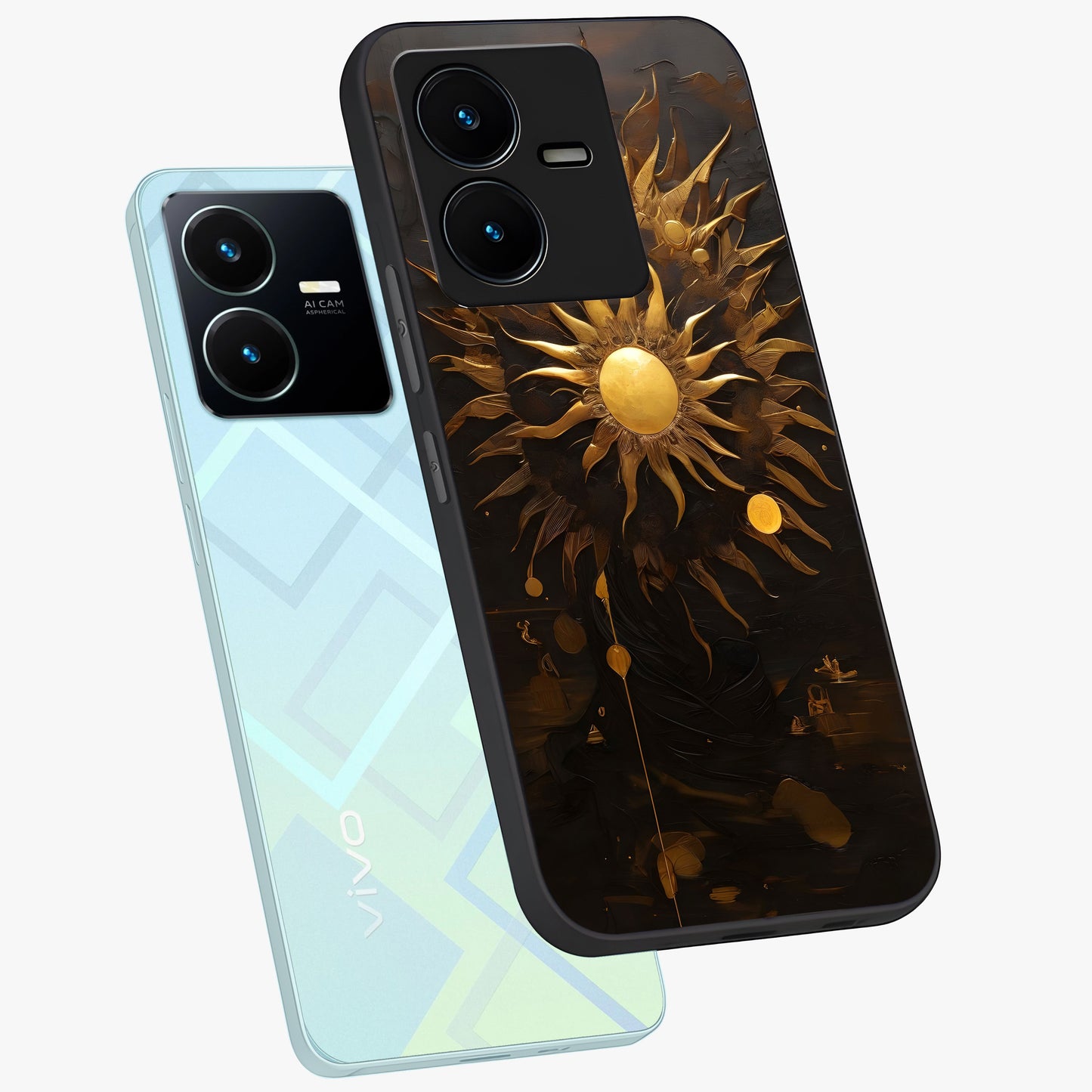 Golden Sun Majesty Glass Case displayed in angled mockup highlighting eerie shadow illustration with gothic aesthetic.