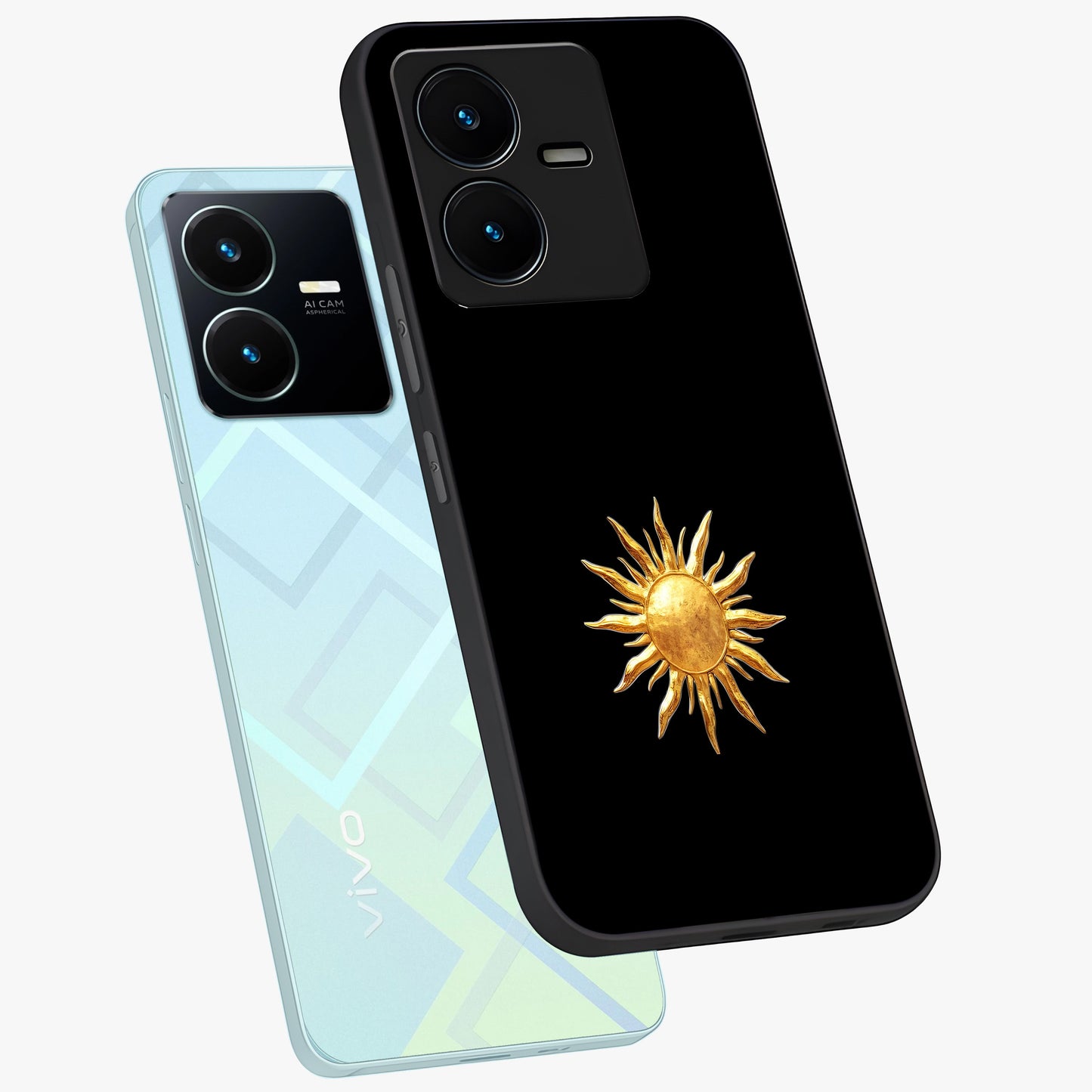 Golden Sun Minimalism Glass Case displayed in angled mockup highlighting eerie shadow illustration with gothic aesthetic.