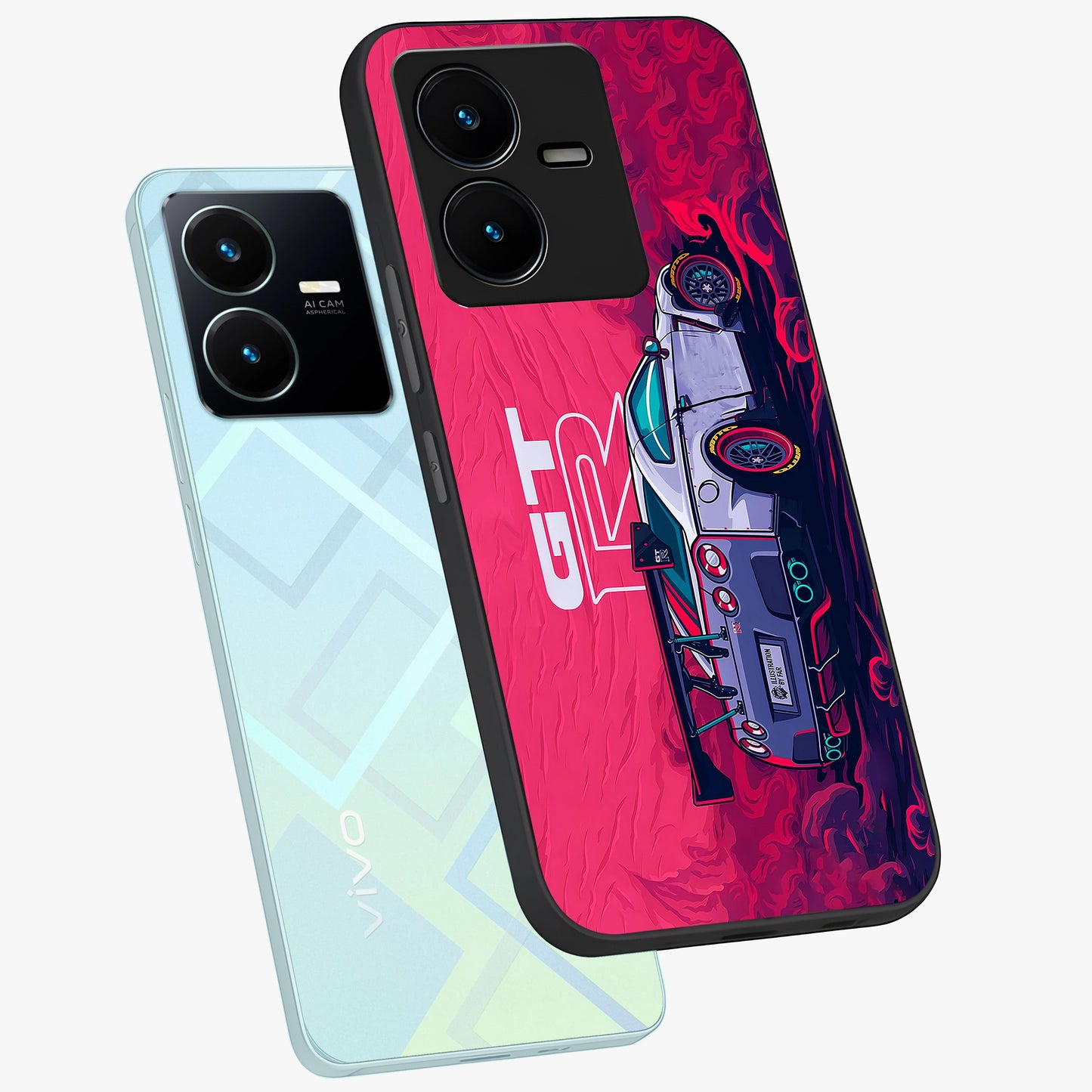 GT-R Car Pattern Glass Case displayed in angled mockup highlighting racing car graphic design with bold automotive aesthetic.