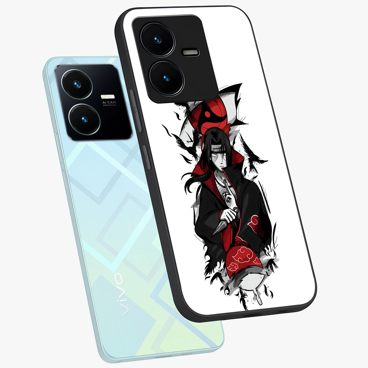 Itachi Limited Edition Naruto Anime Glass Case displayed in angled mockup highlighting dramatic anime illustration with bold action aesthetic.