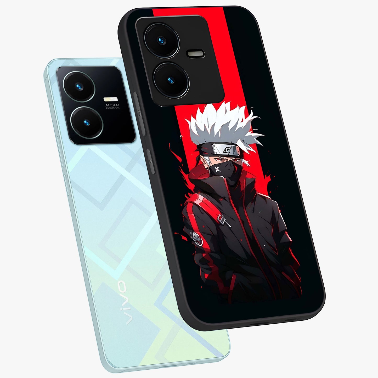 Kakashi Scarlet Shadow Glass Case displayed in angled mockup highlighting dramatic ninja illustration with scarlet themed aesthetic.