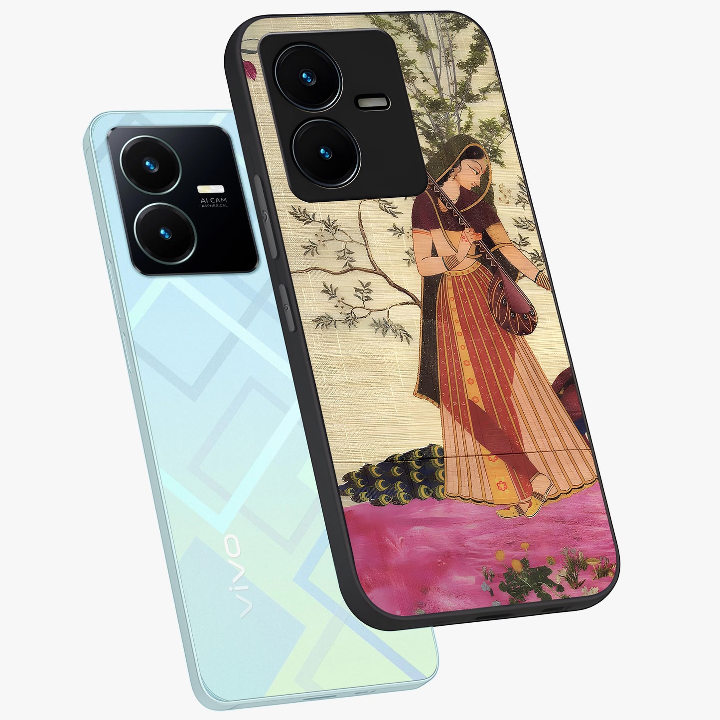 Lady With Veena Art Glass Case displayed in angled mockup highlighting graceful musical illustration with cultural artistic aesthetic.