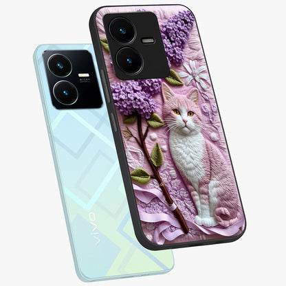 Lavender Cat Whimsy Glass Case displayed in angled mockup highlighting playful feline illustration with pastel lavender aesthetic.