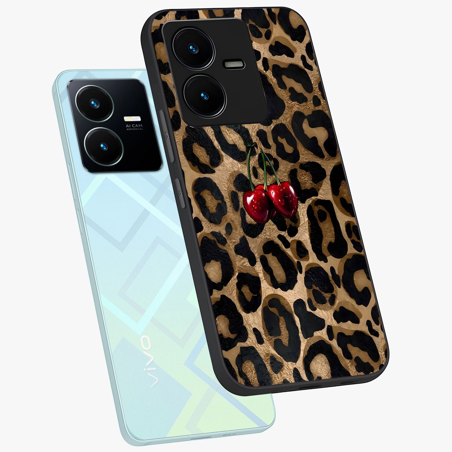 Leopard Wild Cherry Glass Case displayed in angled mockup highlighting bold animal print design with playful cherry aesthetic.