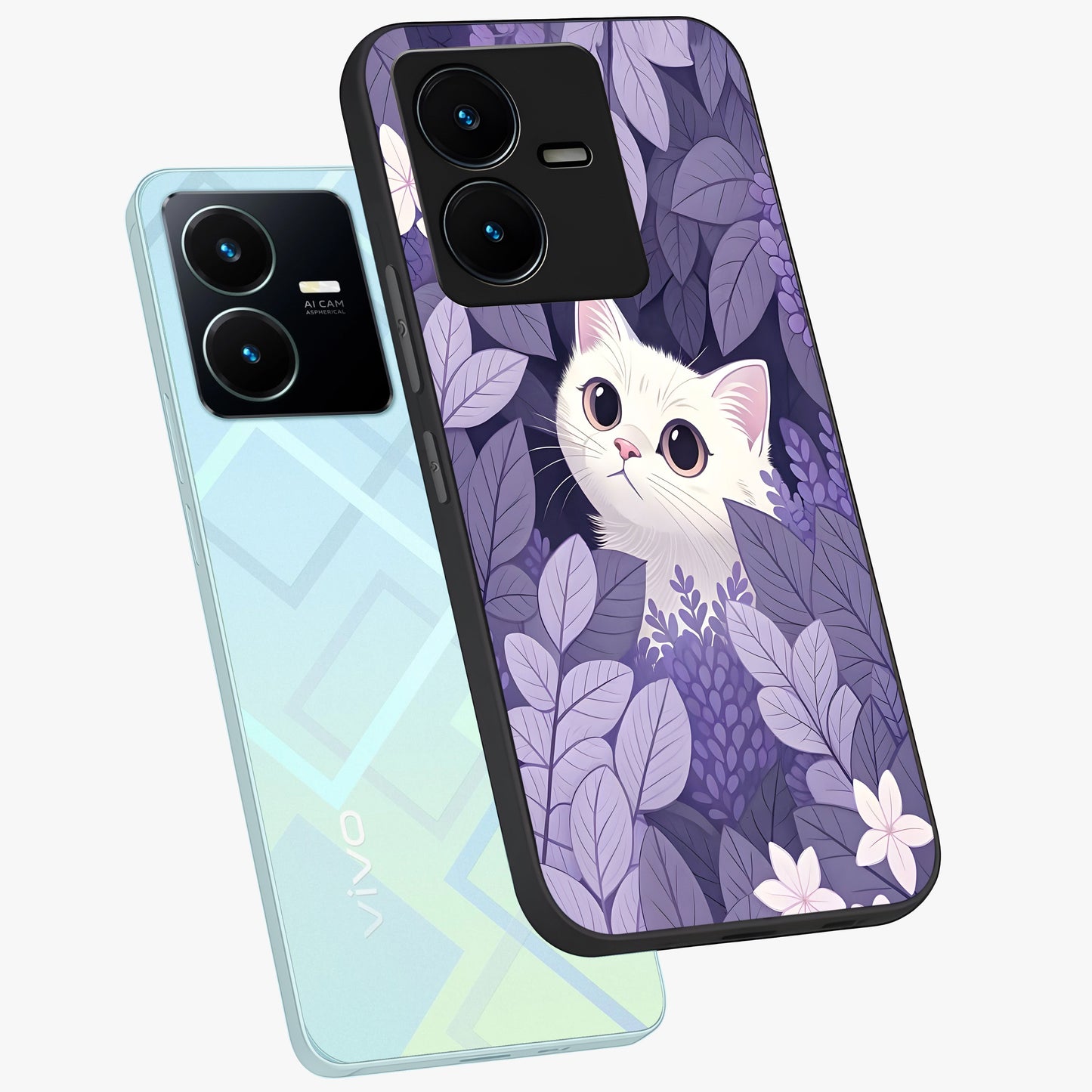 Lilac Hide Peek Cat Glass Case displayed in angled mockup highlighting playful feline illustration with lilac aesthetic design.