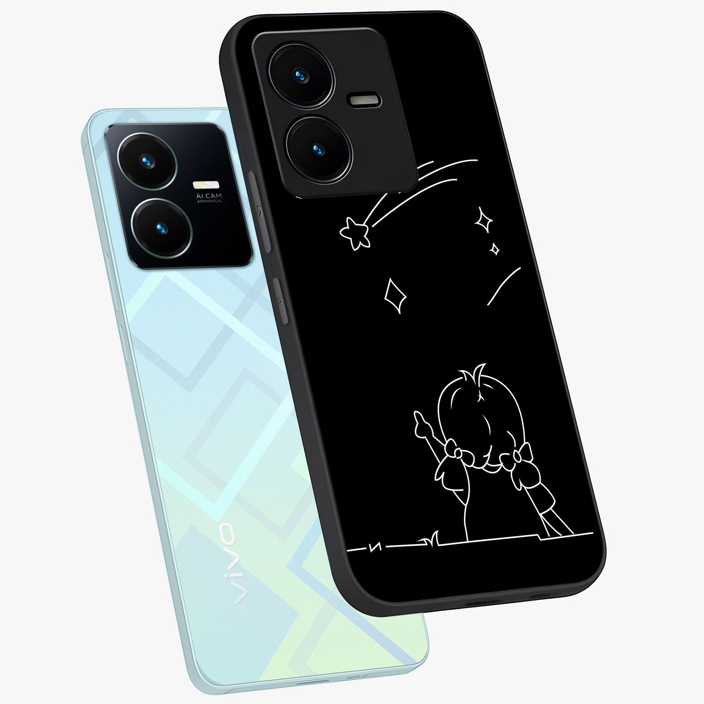 Line Art Girl With Shooting Stars Glass Case displayed in angled mockup highlighting elegant line art design with dreamy star aesthetic.