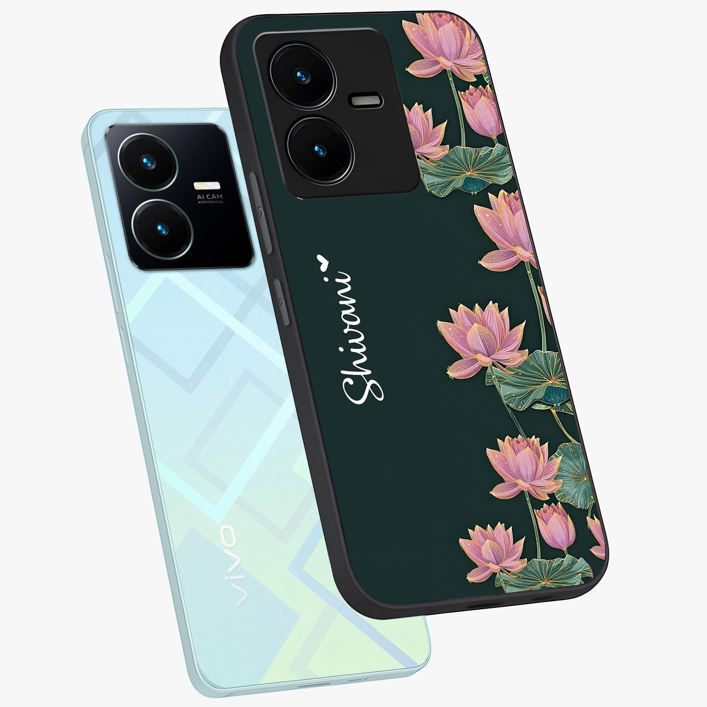 Lotus Bloom Serenity Custom Name Glass Case displayed in angled mockup highlighting graceful lotus illustration with custom name feature.