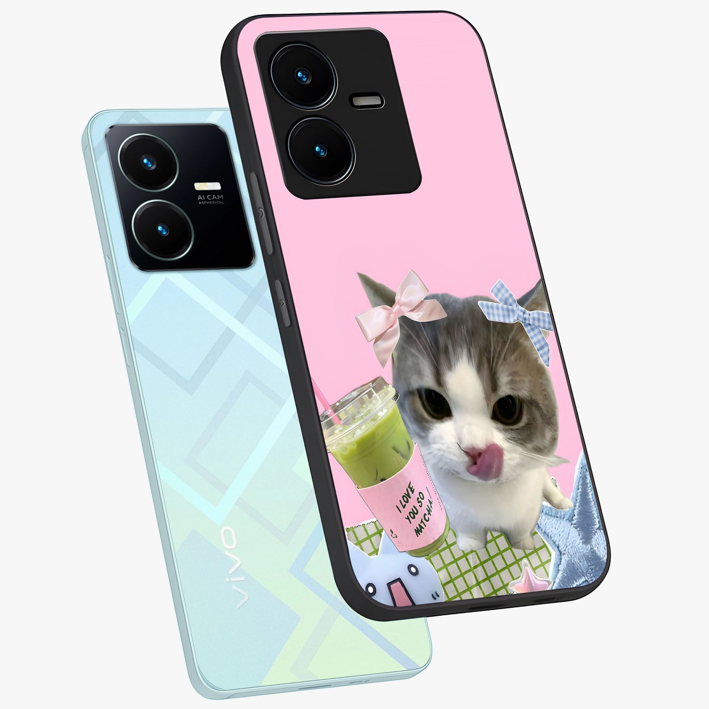 Love Matcha Cat Glass Case displayed in angled mockup highlighting playful feline illustration with cozy matcha aesthetic.