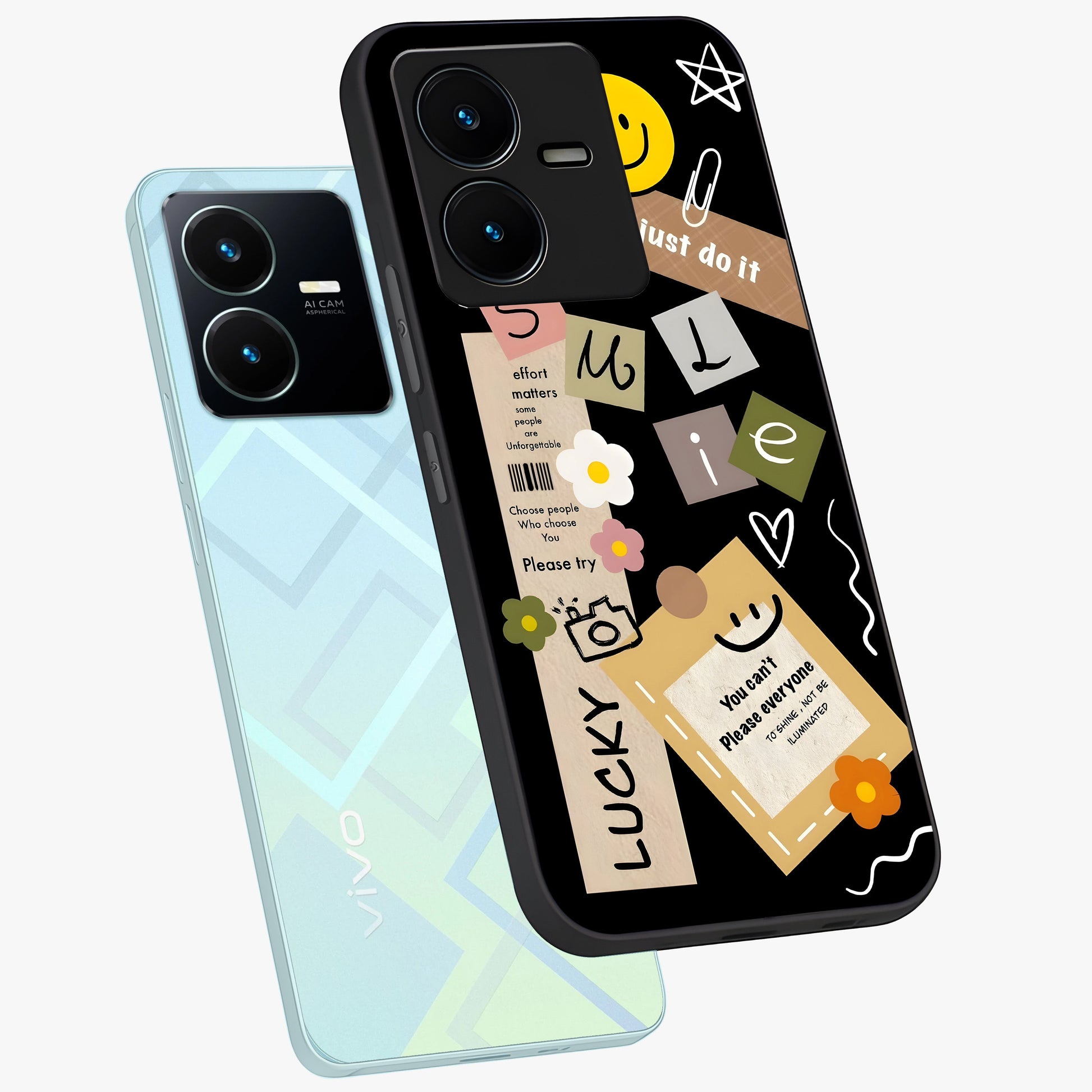 Lucky Aesthetic Collage Glass Case displayed in angled mockup highlighting stylish collage pattern with modern aesthetic vibe.