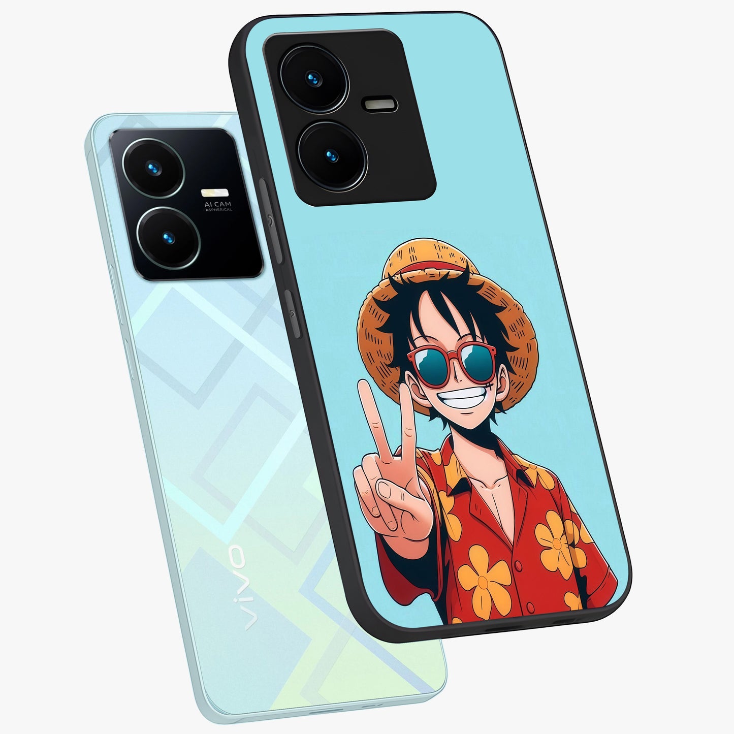 Luffy Summer Anime Vibe Glass Case displayed in angled mockup highlighting energetic anime illustration with summer vibe aesthetic.