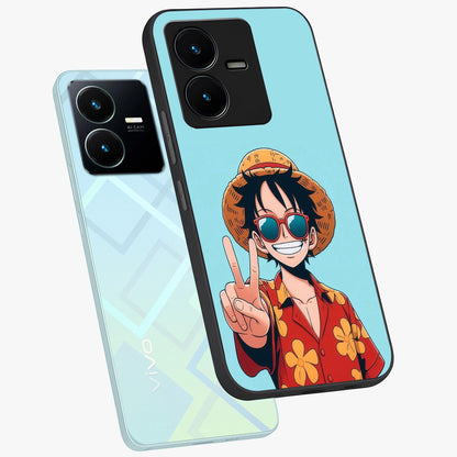 Luffy Summer Anime Vibe Glass Case displayed in angled mockup highlighting energetic anime illustration with summer vibe aesthetic.