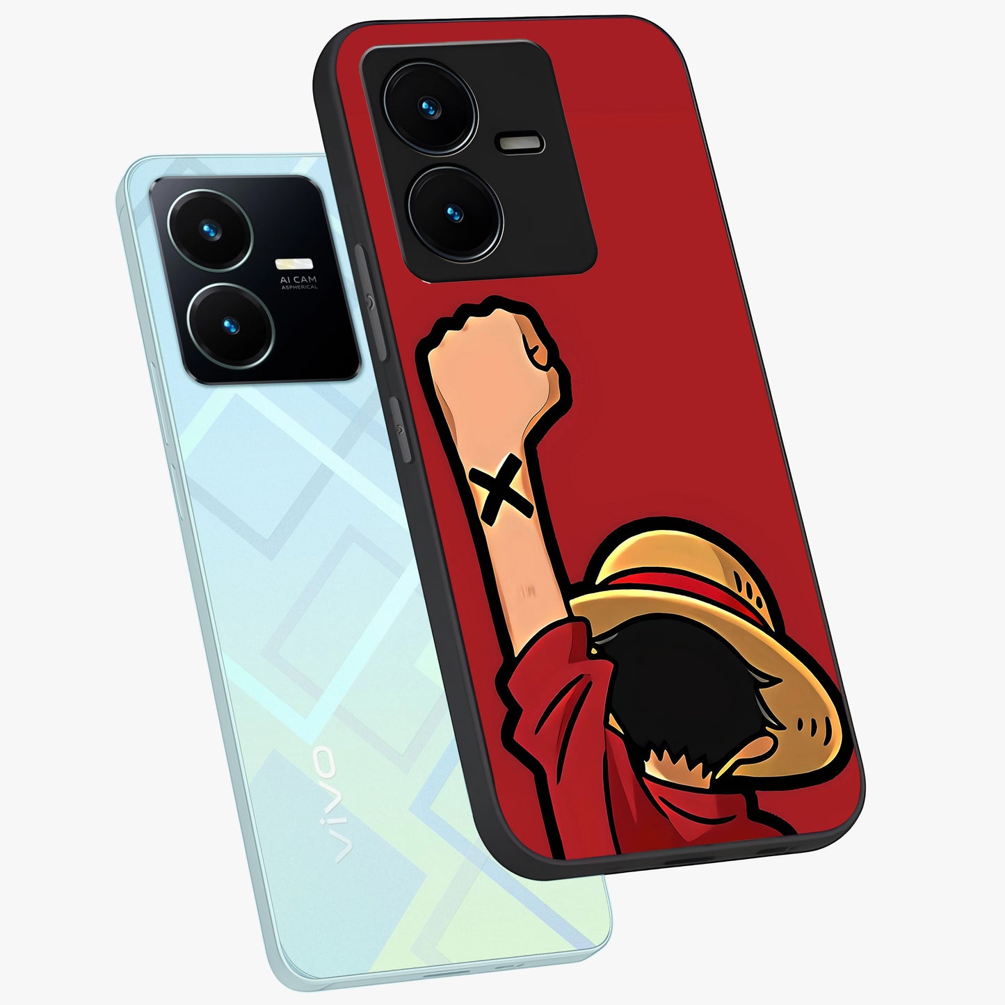 Luffy X Spirit Glass Case displayed in angled mockup highlighting powerful anime design with energetic action aesthetic.