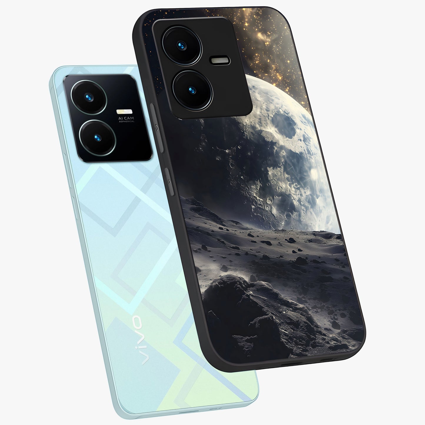 Lunar Horizon Glow Glass Case displayed in angled mockup highlighting celestial moon design with dreamy night aesthetic.