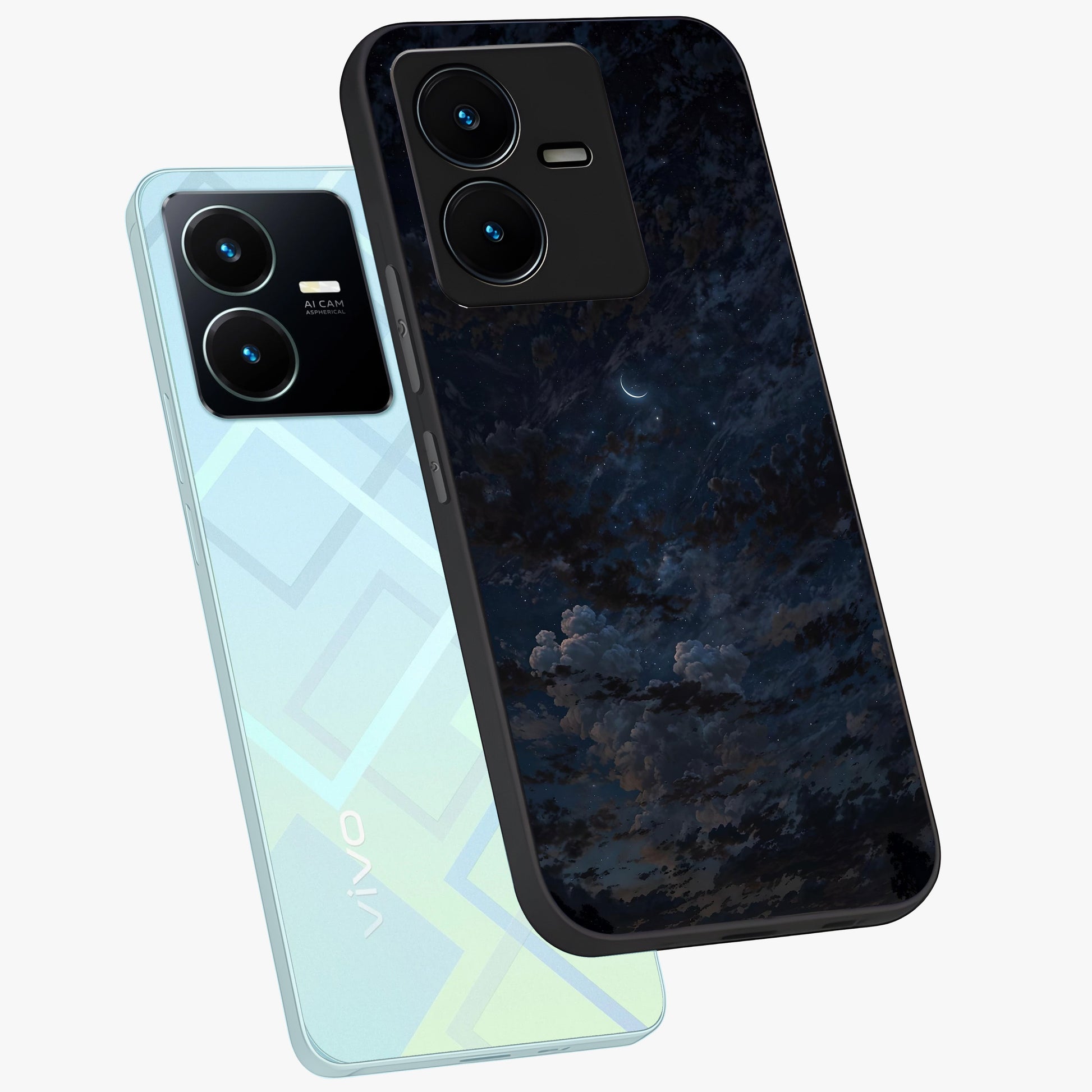 Lunar Veil Silence Glass Case displayed in angled mockup highlighting soft lunar design with peaceful celestial aesthetic.