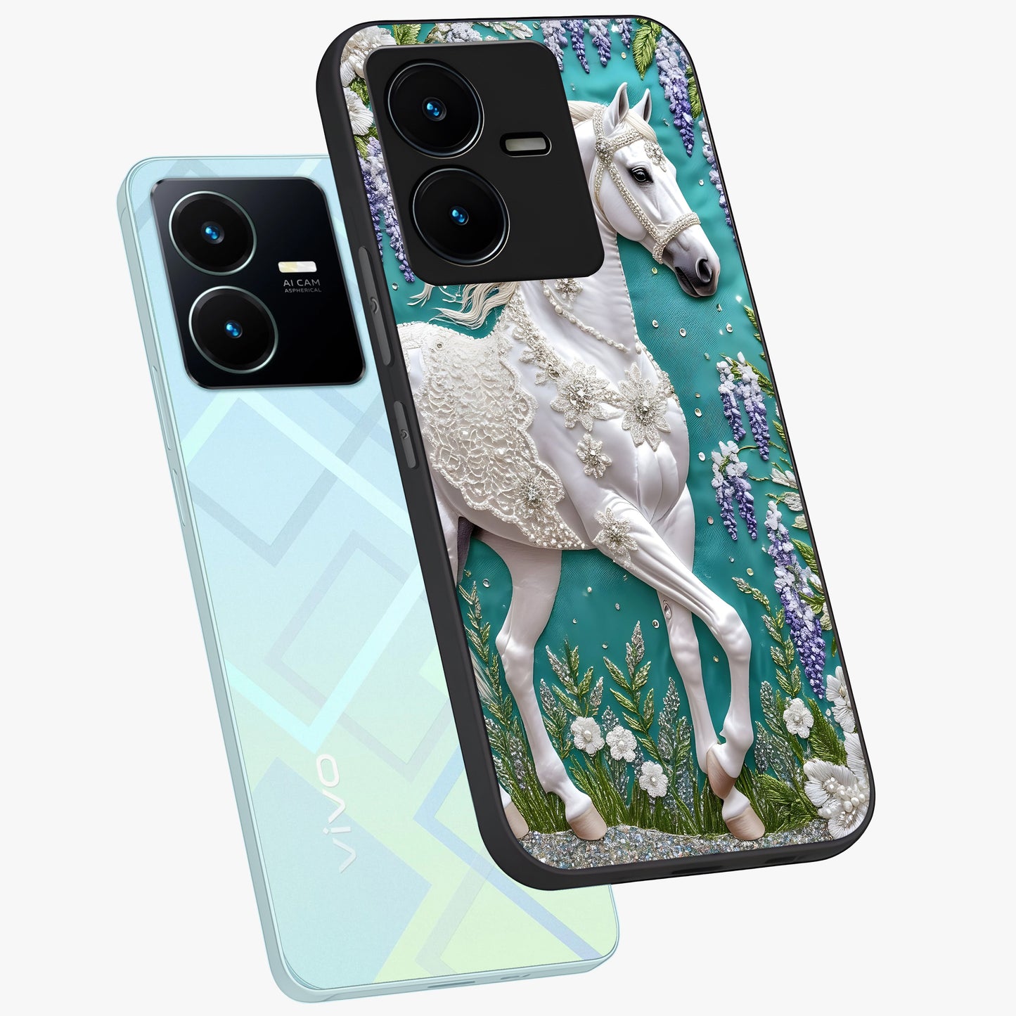 Majestic Floral Stallion Glass Case displayed in angled mockup highlighting majestic stallion illustration with elegant floral aesthetic.