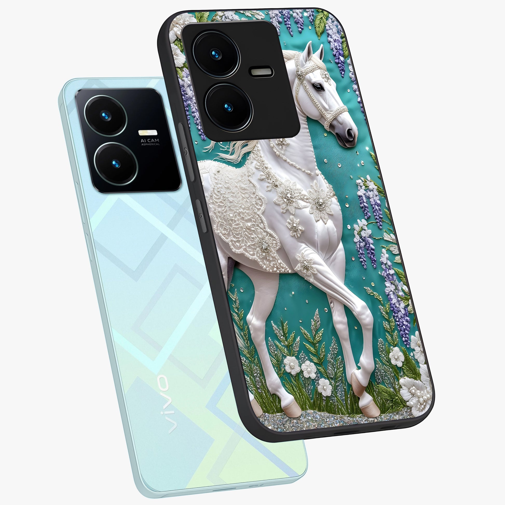 Majestic Floral Stallion Glass Case displayed in angled mockup highlighting majestic stallion illustration with elegant floral aesthetic.