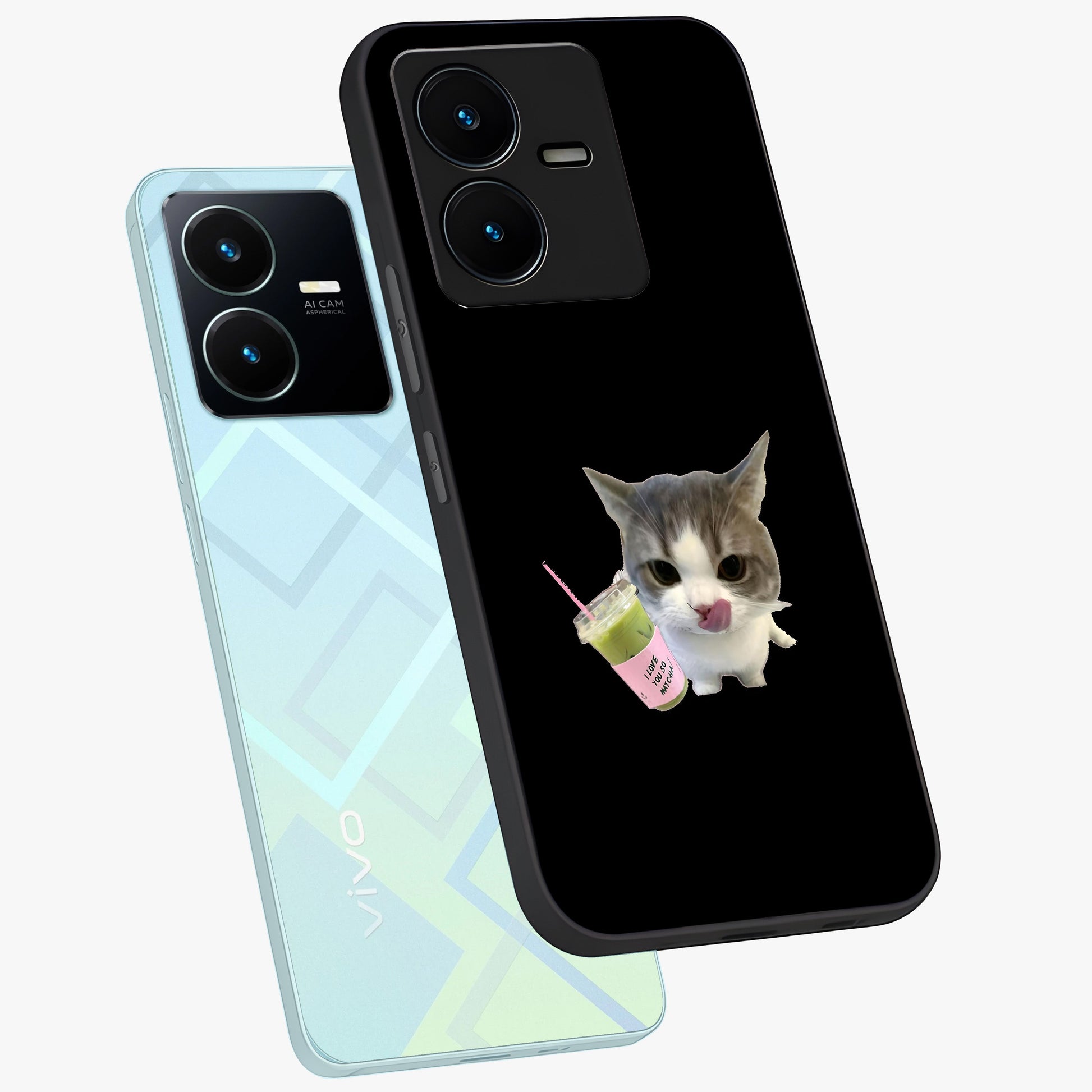 Matcha Cat Style Glass Case displayed in angled mockup highlighting playful feline design with pastel matcha aesthetic.