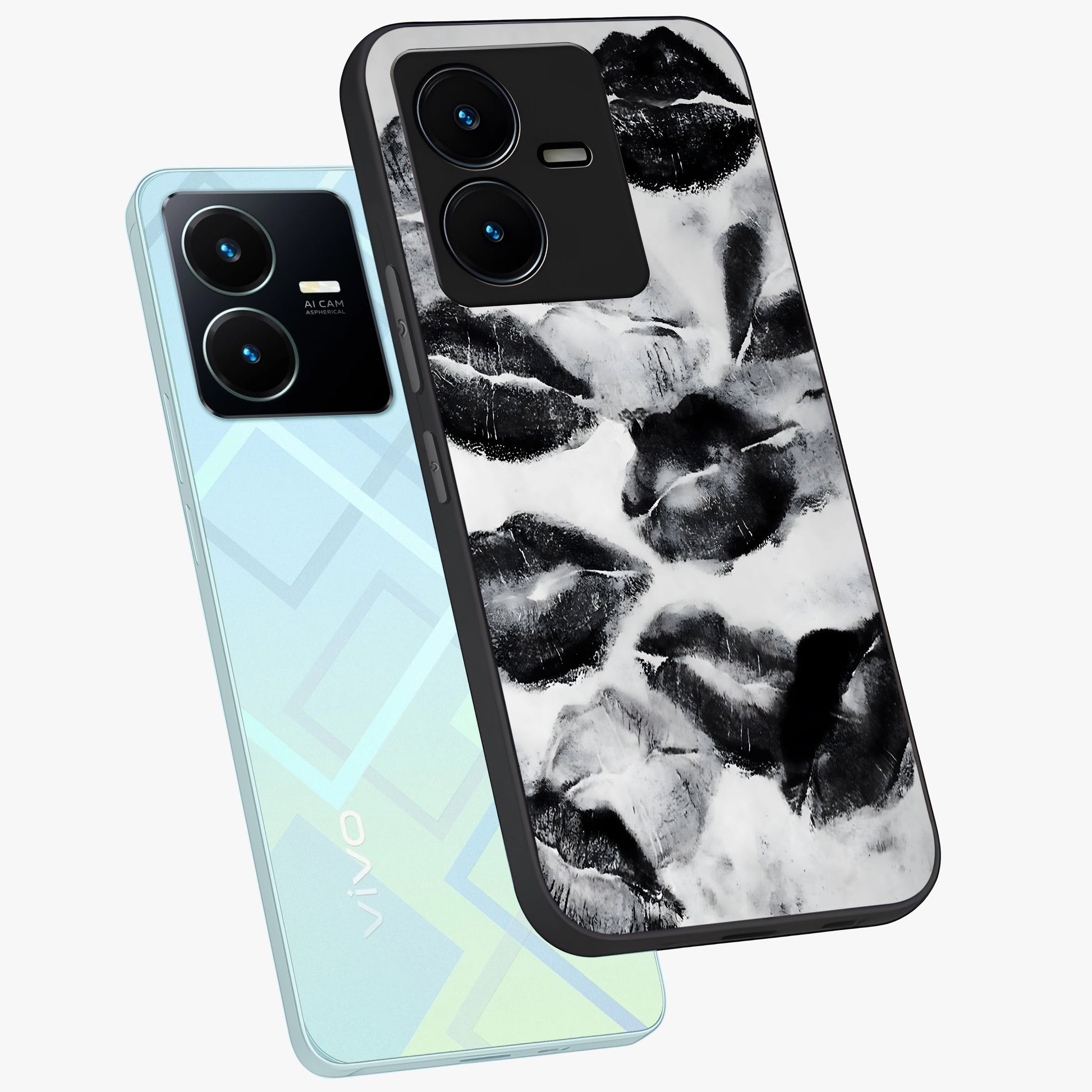 Midnight Kiss Marks Glass Case displayed in angled mockup highlighting playful romantic design with bold midnight aesthetic.