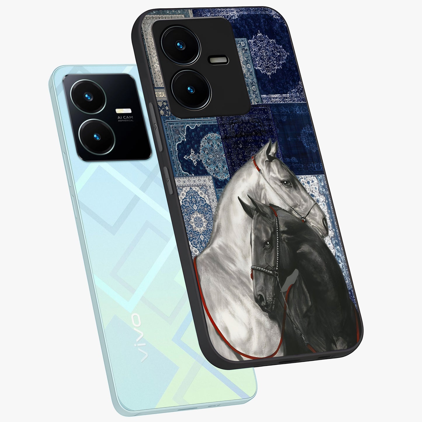 Midnight Stallion Blues Glass Case displayed in angled mockup highlighting powerful stallion illustration with deep midnight tones.