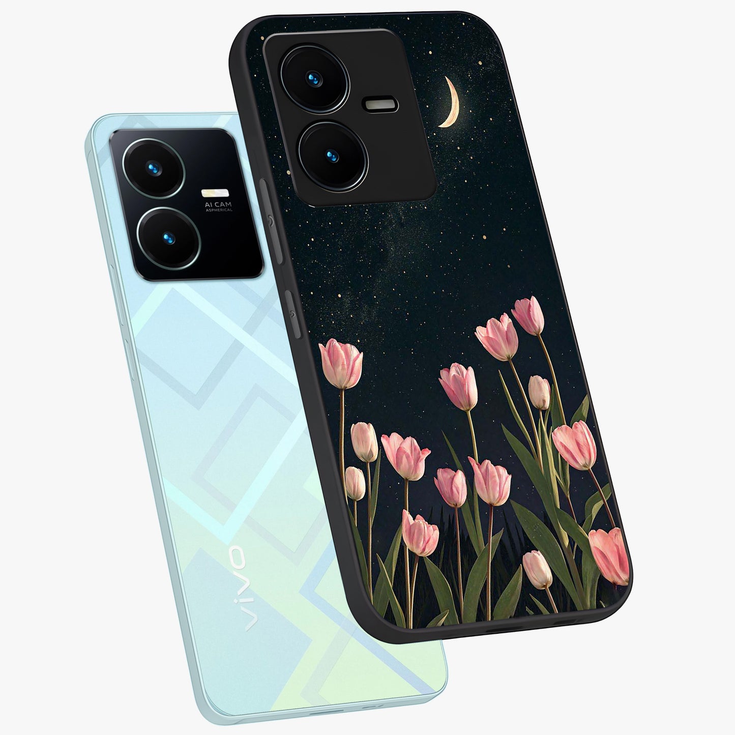 Midnight Tulip Whispers Vibe Glass Case displayed in angled mockup highlighting delicate tulip design with midnight floral aesthetic.