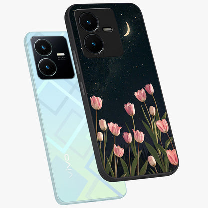 Midnight Tulip Whispers Vibe Glass Case displayed in angled mockup highlighting delicate tulip design with midnight floral aesthetic.