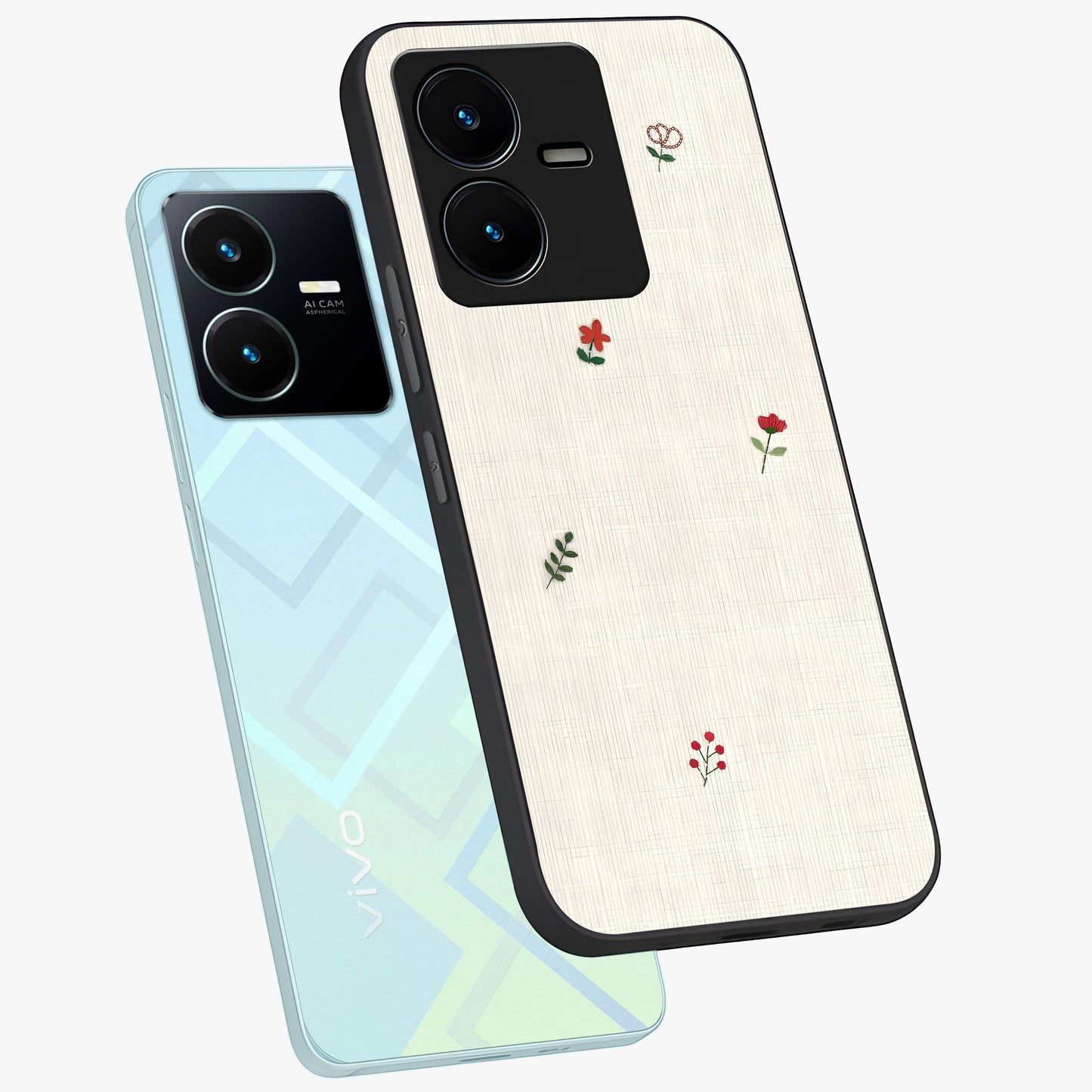 Minimalistic Blue With White Flower Pattern Glass Case displayed in angled mockup highlighting simple floral design with minimal aesthetic.