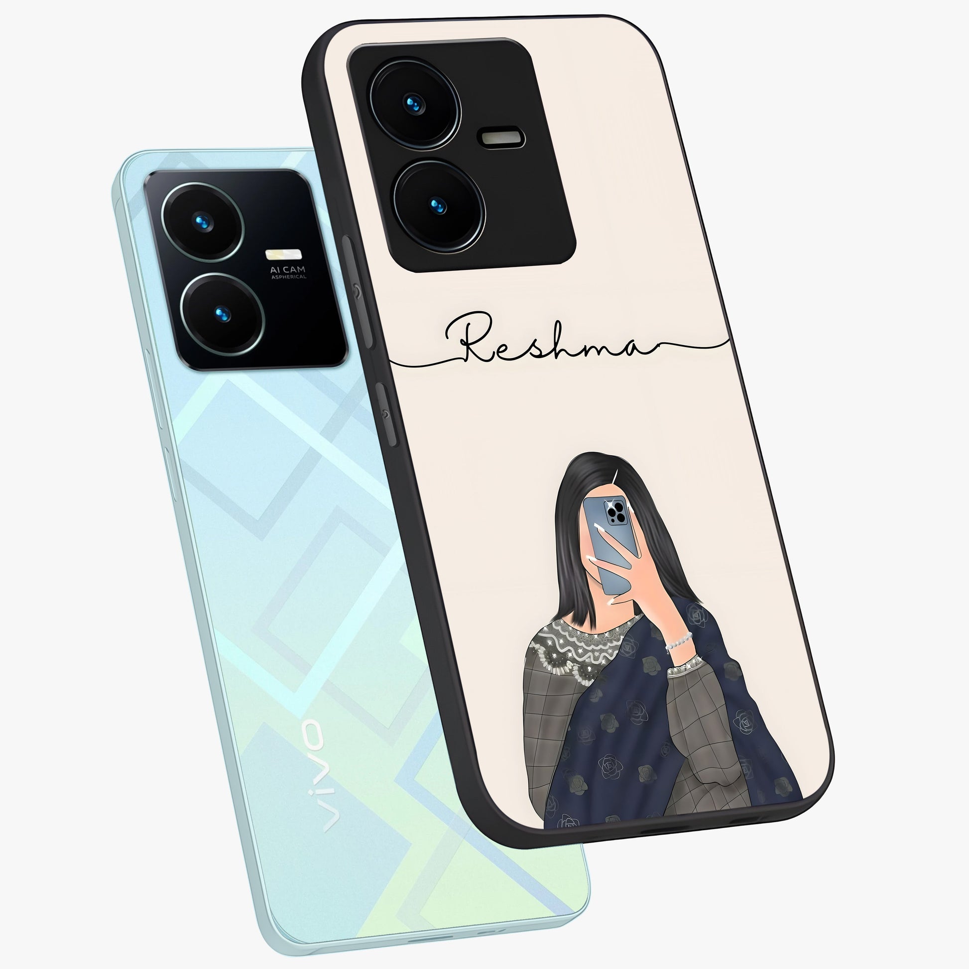Mirror Mood Muse With Custom Name Glass Case displayed in angled mockup highlighting aesthetic mirror inspired design with custom name feature.