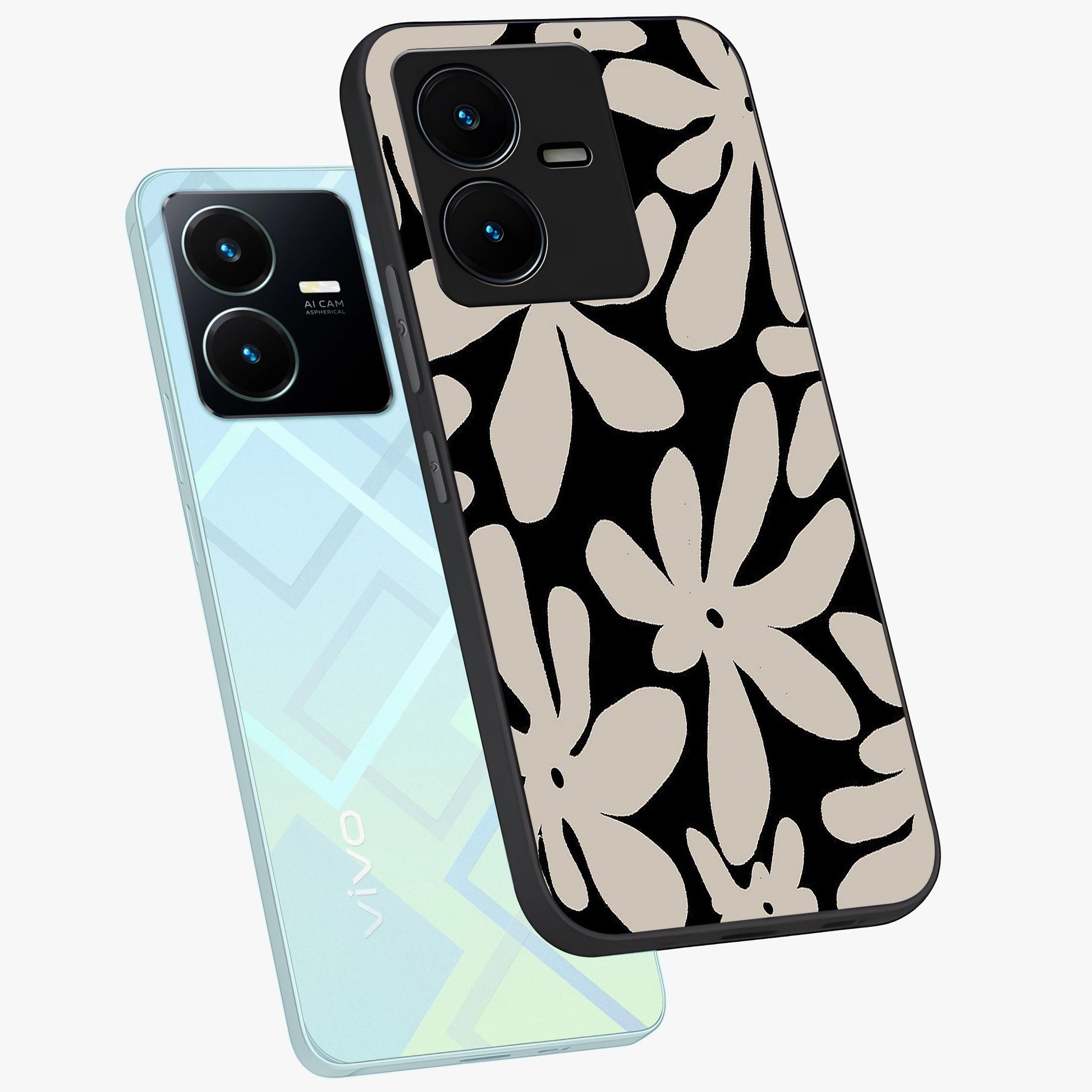 Monochrome Petal Dance Glass Case displayed in angled mockup highlighting elegant petal design with black and white aesthetic.