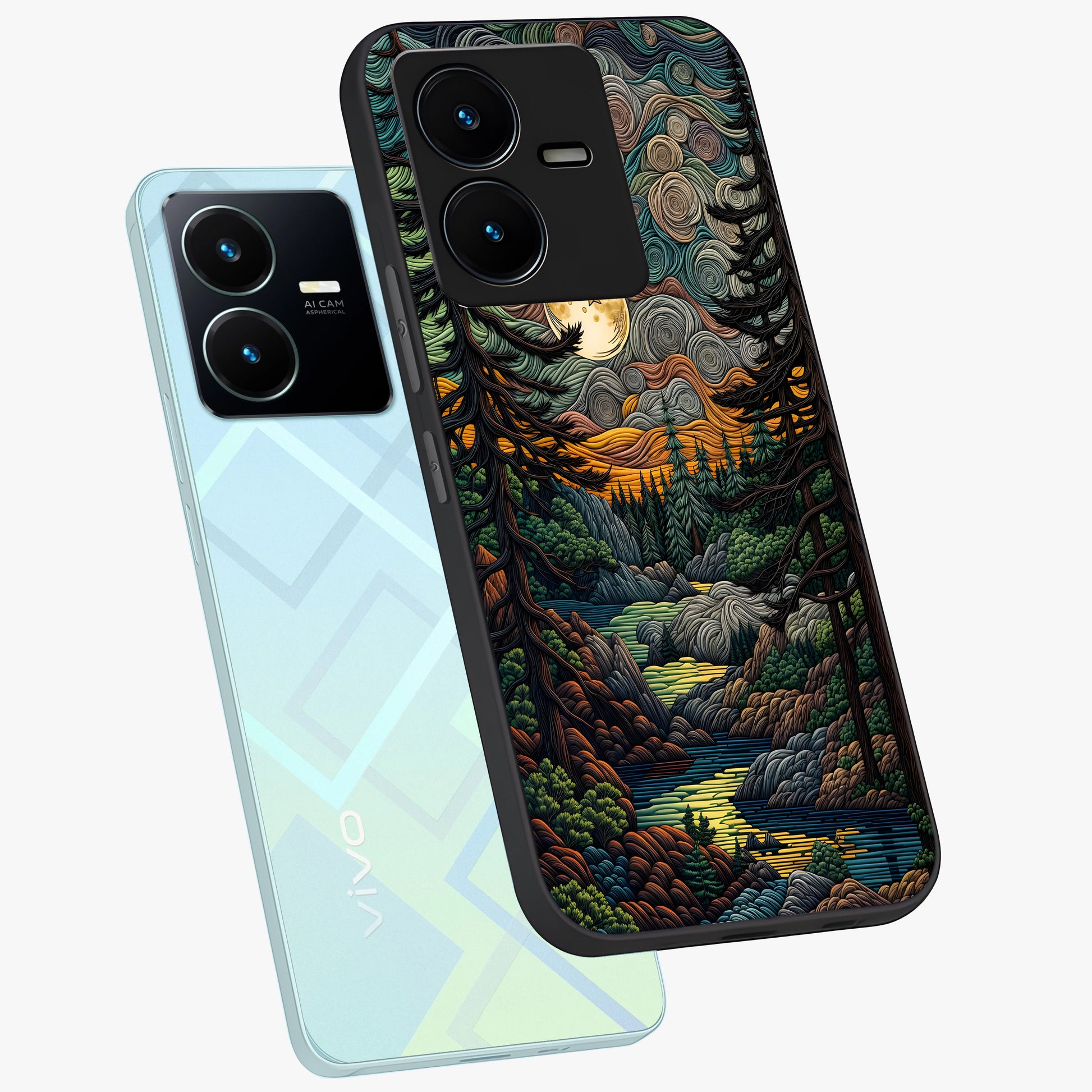 Moonlight Forest Dream Glass Case displayed in angled mockup highlighting dreamy forest design with glowing moon aesthetic.