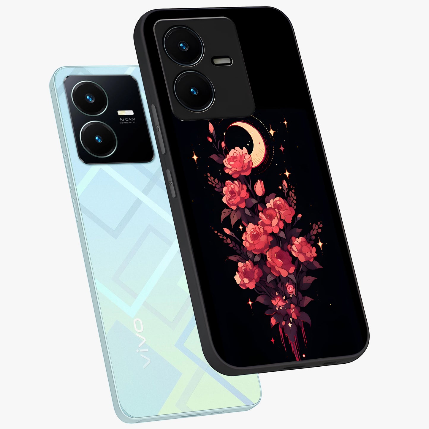 Moonlit Floral Elegance Glass Case displayed in angled mockup highlighting graceful flower design with soft moonlight aesthetic.