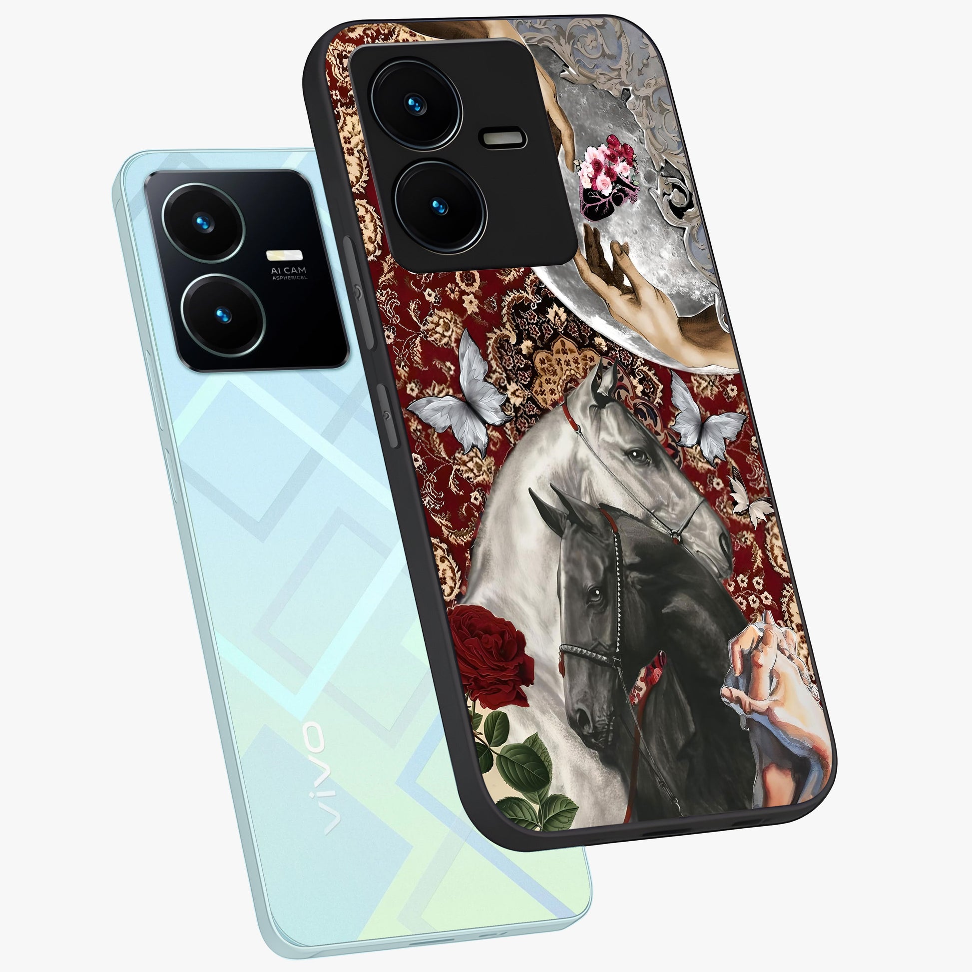 Moonlit Royal Stallion Glass Case displayed in angled mockup highlighting powerful stallion illustration with royal night aesthetic.