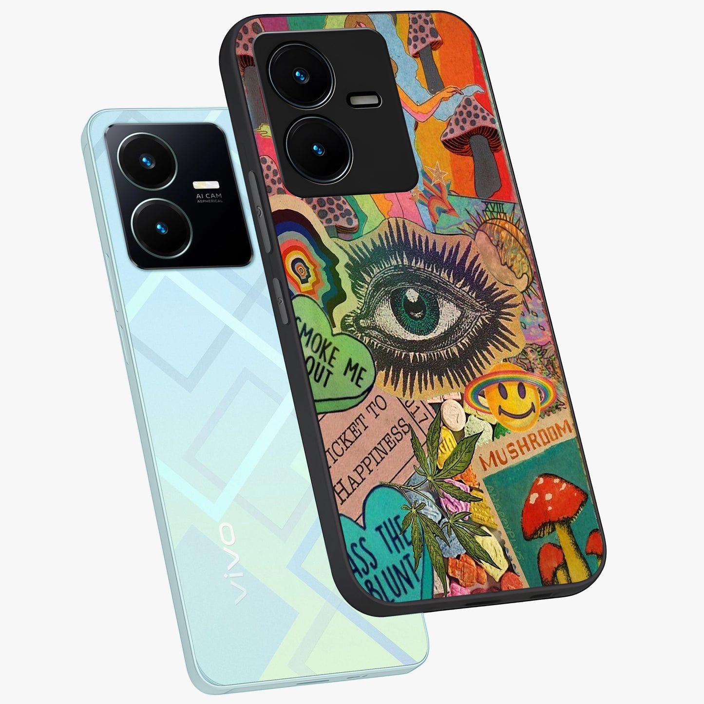 Mystic Eye Wonderland Glass Case displayed in angled mockup highlighting magical eye illustration with dreamy aesthetic.