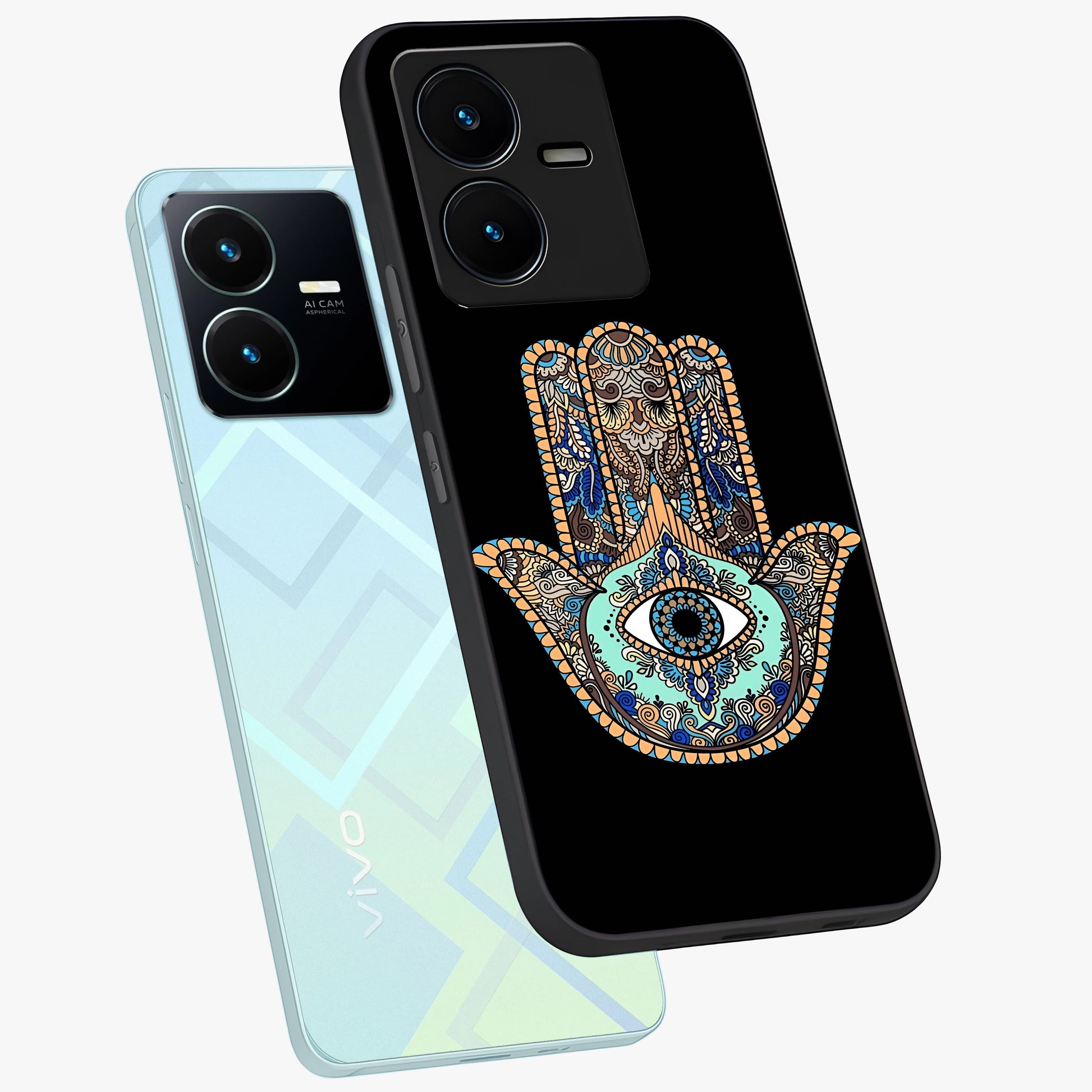 Mystic Hamsa Eye Glass Case displayed in angled mockup highlighting spiritual hamsa symbol with mystical aesthetic style.