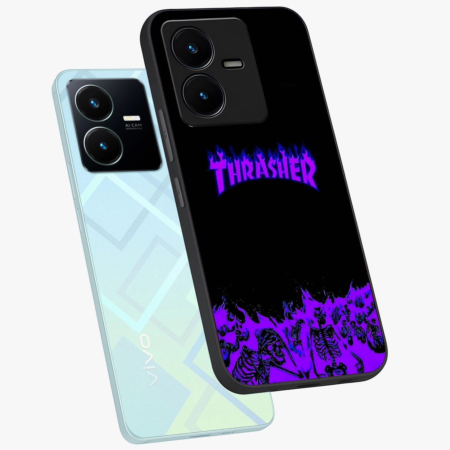 Neon Flame Riot Glass Case displayed in angled mockup highlighting glowing flame design with vibrant neon aesthetic.