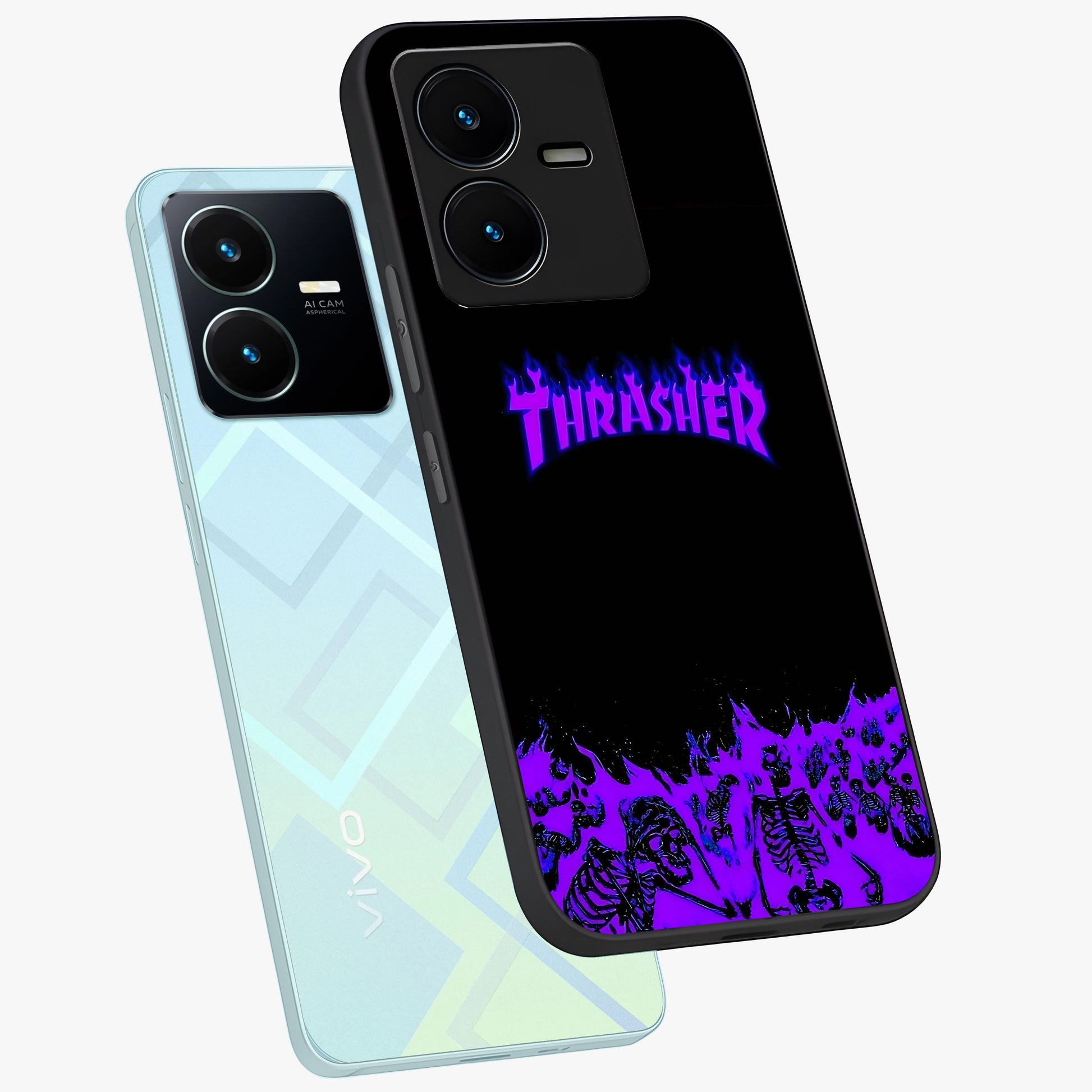 Neon Flame Riot Glass Case displayed in angled mockup highlighting glowing flame design with vibrant neon aesthetic.