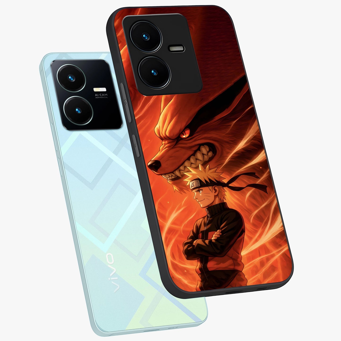Nine Tails Legacy Glass Case displayed in angled mockup highlighting dynamic anime beast illustration with bold mystical aesthetic.