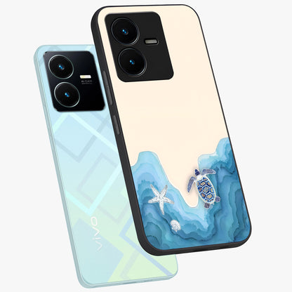 Ocean Drift Turtle Glass Case displayed in angled mockup highlighting peaceful ocean turtle illustration with marine aesthetic.